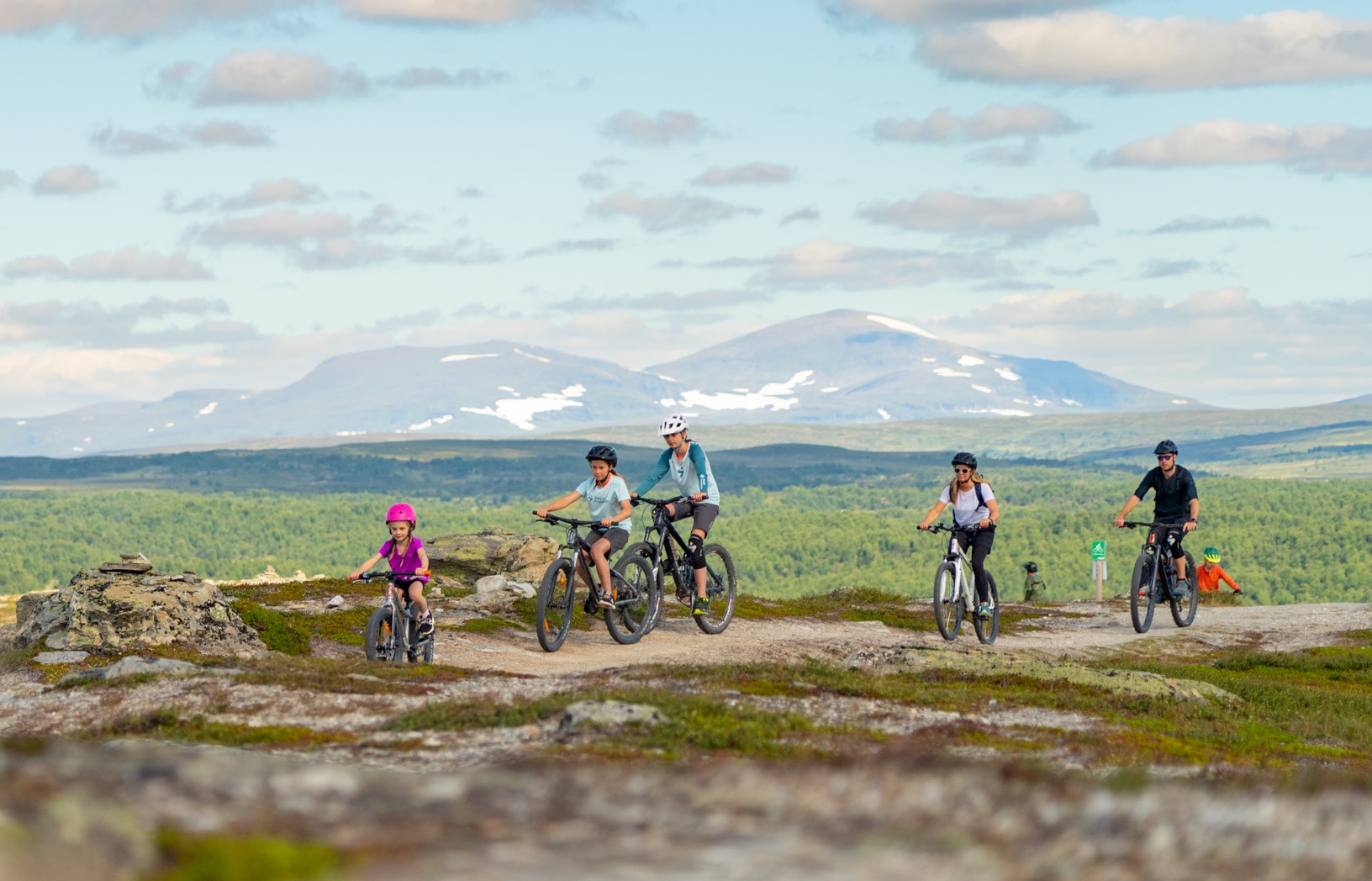 A group of cyclists ride mountain bikes on a trail above the treeline in Tänndalen, with mountains in the background.