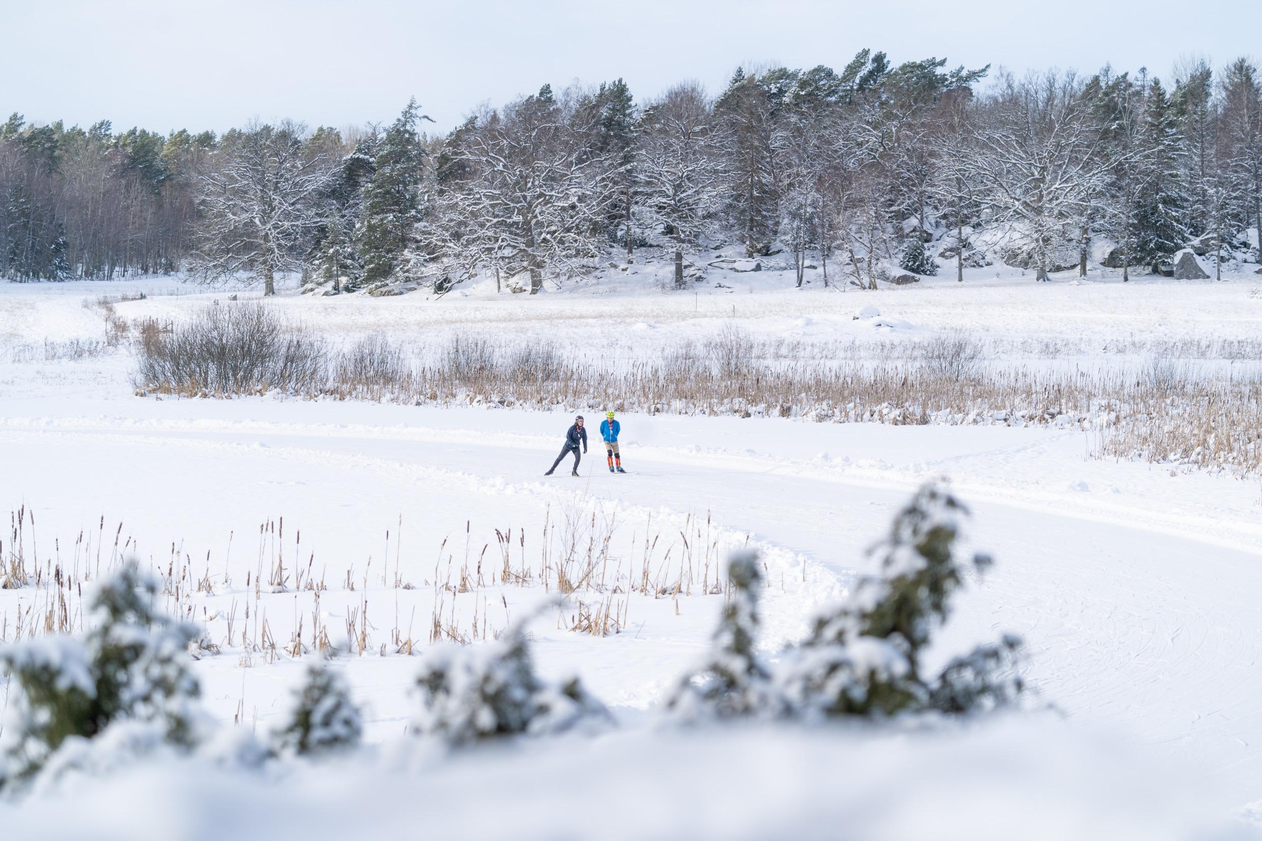 Een besneeuwd gebied en twee personen op een schaatsbaan.