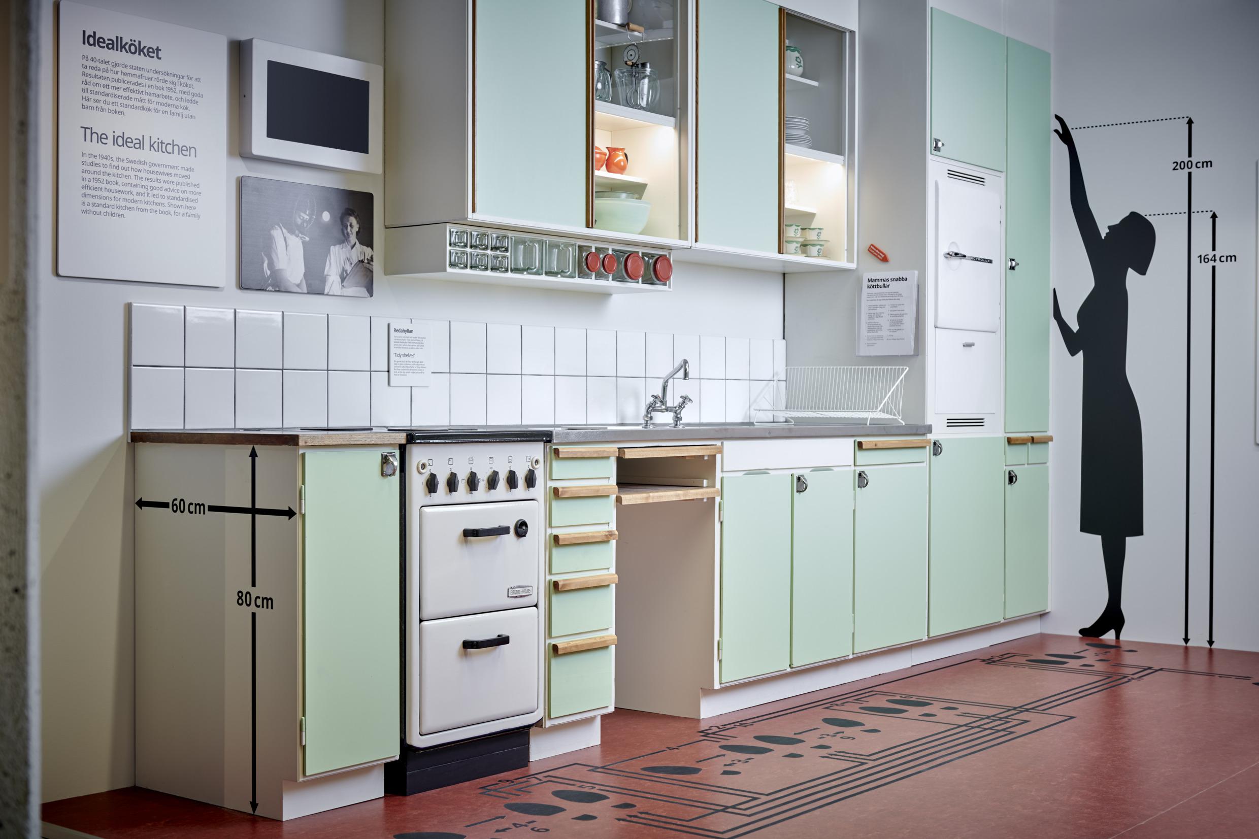 Eine altmodische Küche mit einer Silhouette einer Frau an der Wand, die zeigt, wie hoch der Küchenschrank sein sollte.