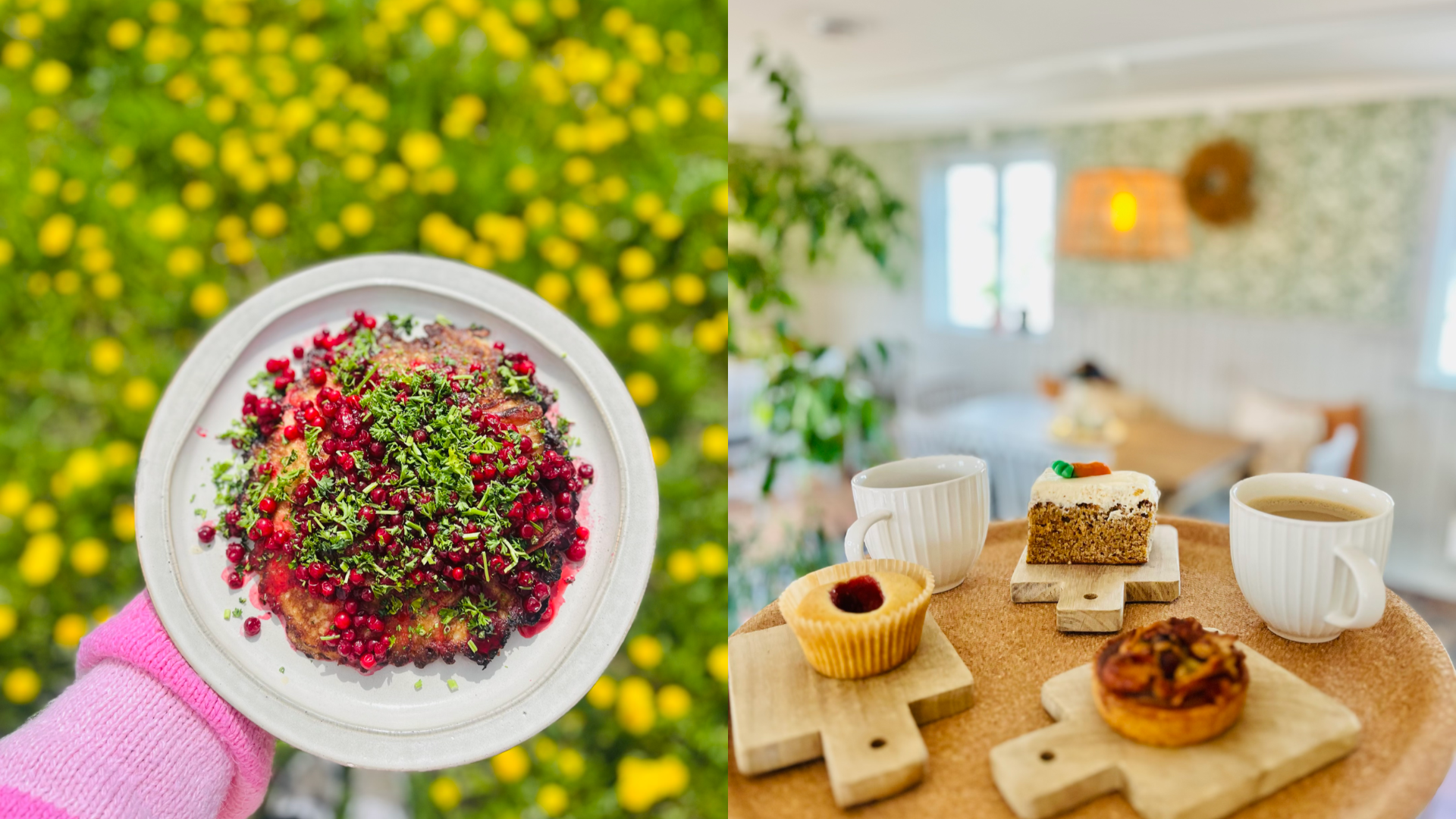 Close-up of Swedish food and fika, including a lingonberry-topped dish and pastries with coffee, photographed indoors and outdoors at Ystergårn.