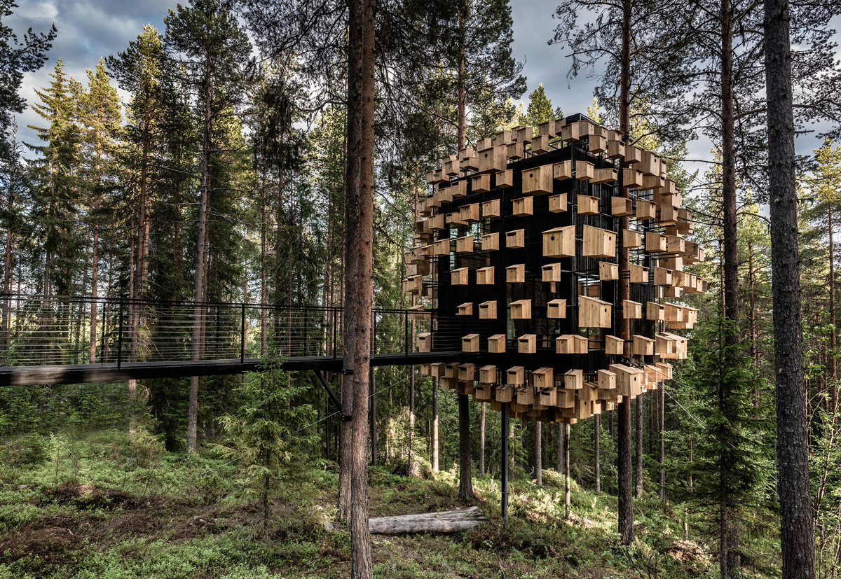 Das Biosphere-Baumhaus im Treehotel in Harads, voll mit Vogelhäuschen und umgeben von hohen Kiefernwäldern.