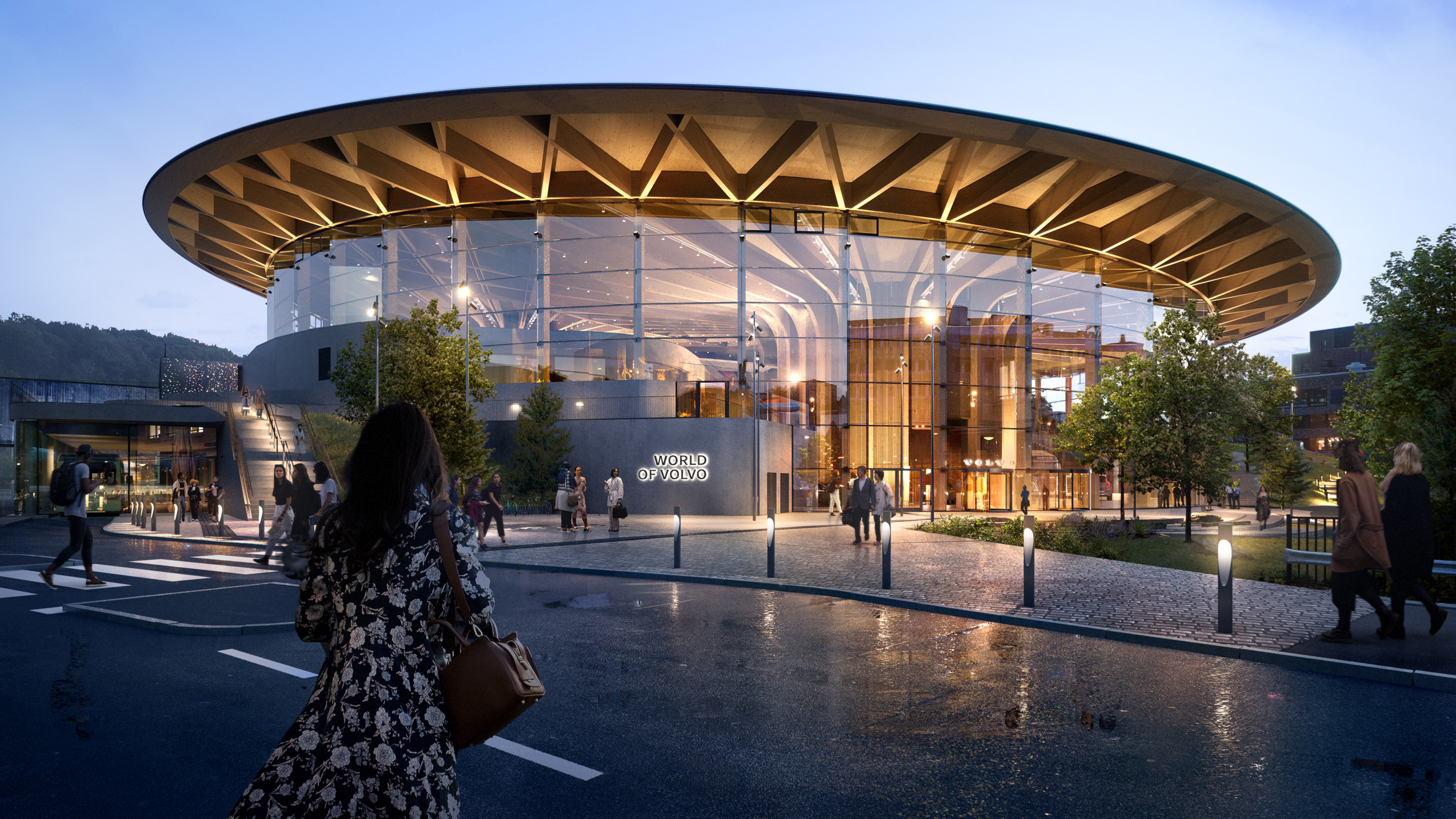 Ein gerendertes Bild des runden, fünfstöckigen "World of Volvo"-Gebäudes.