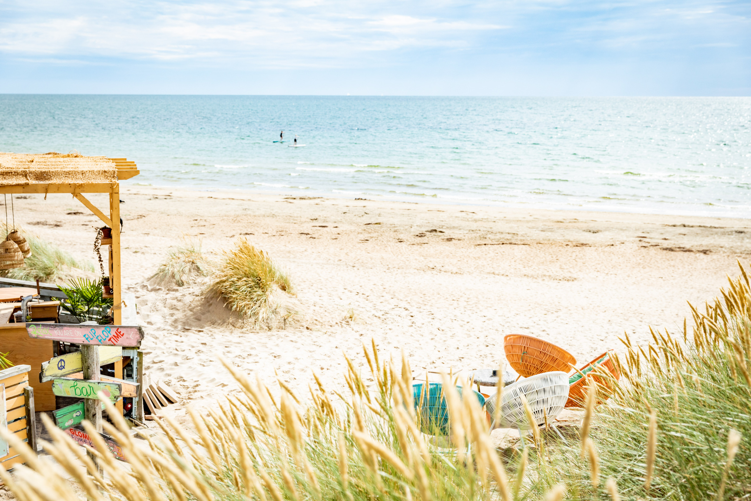 Een wit zandstrand in Falkenberg onder een zonnige hemel met de oceaan op de achtergrond.