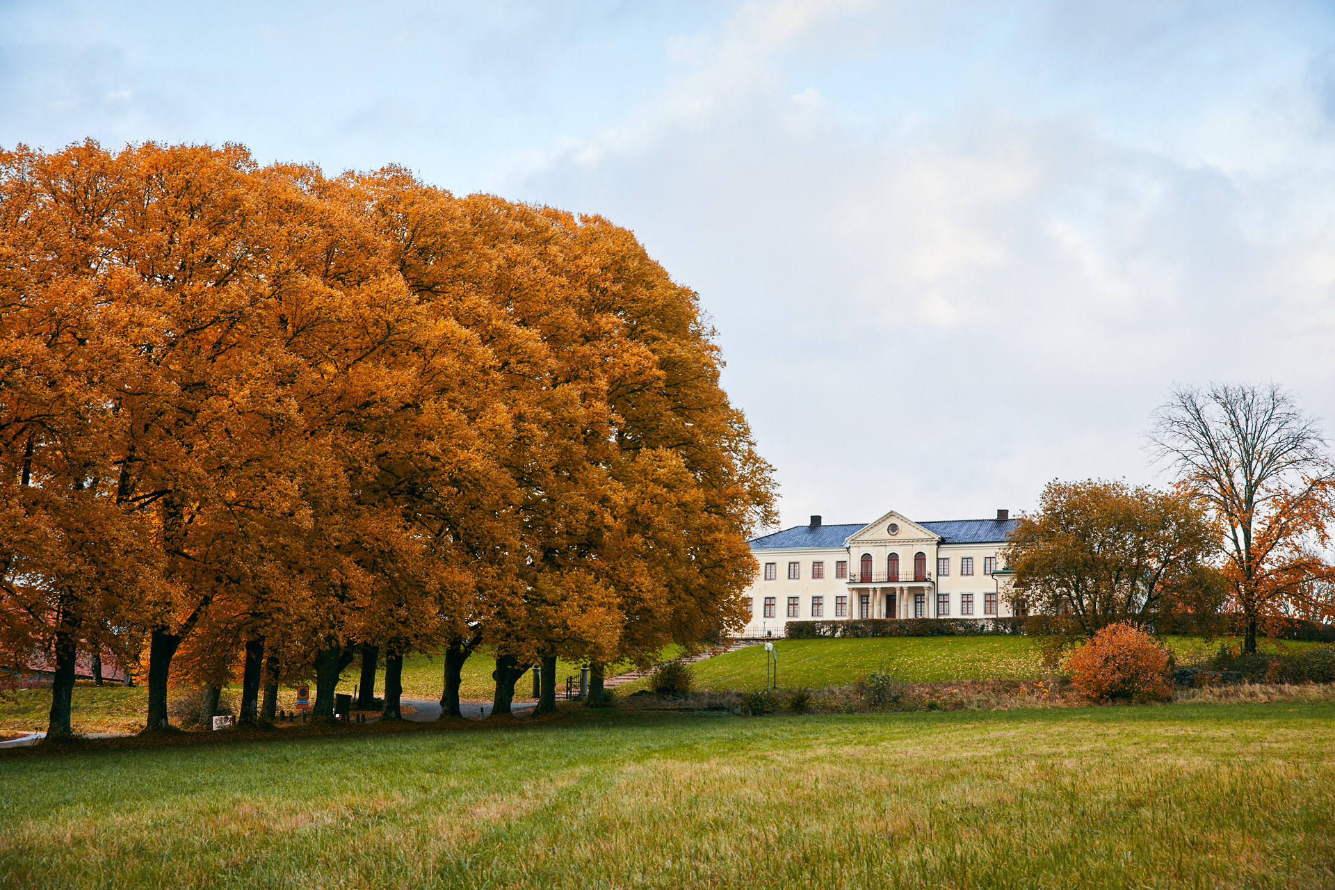 Nääs Castle surrounded by lawns and large trees with orange autumn foliage.