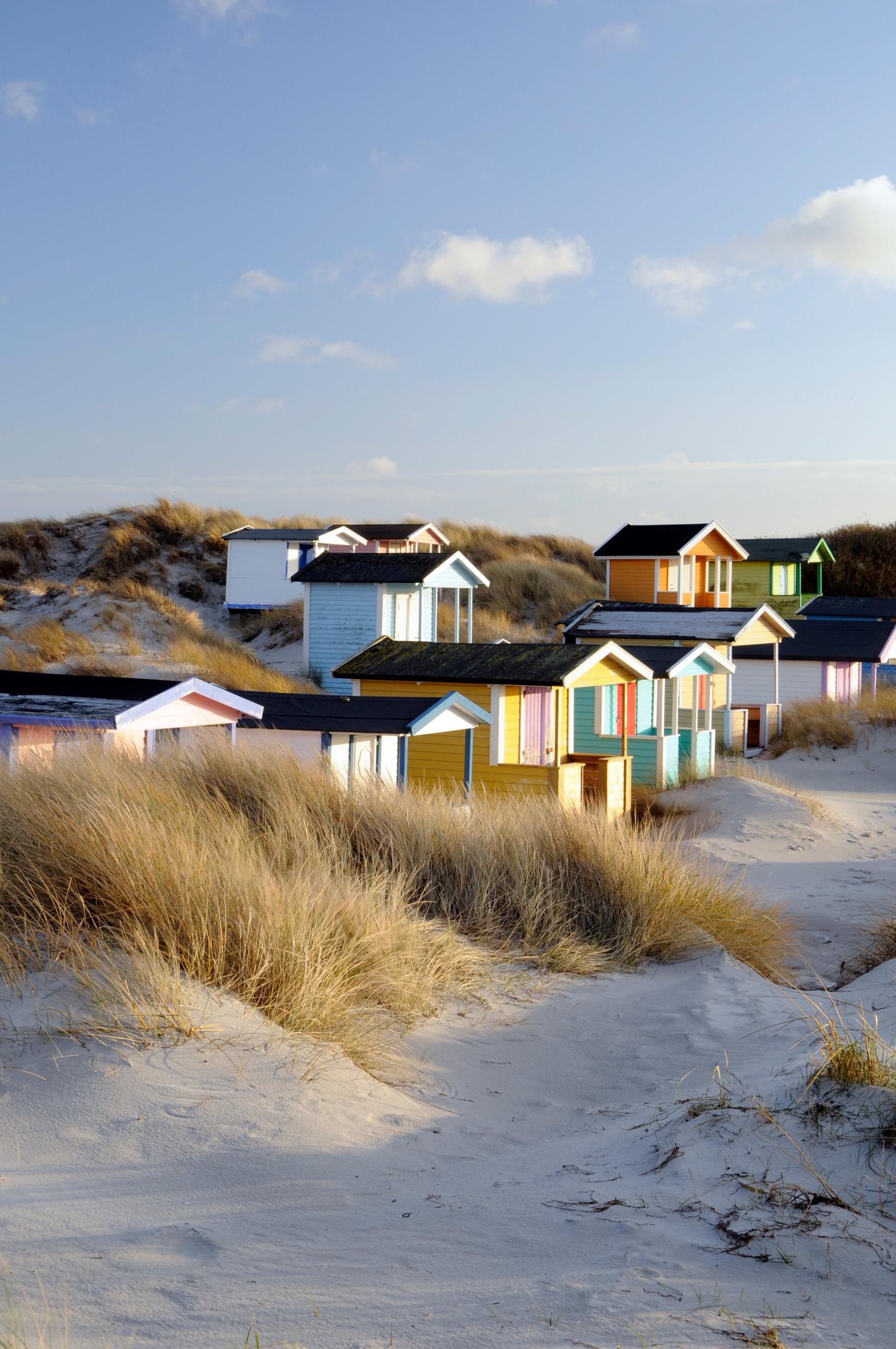 A sandy beach with patches of green and colourful beach huts in Skanör.