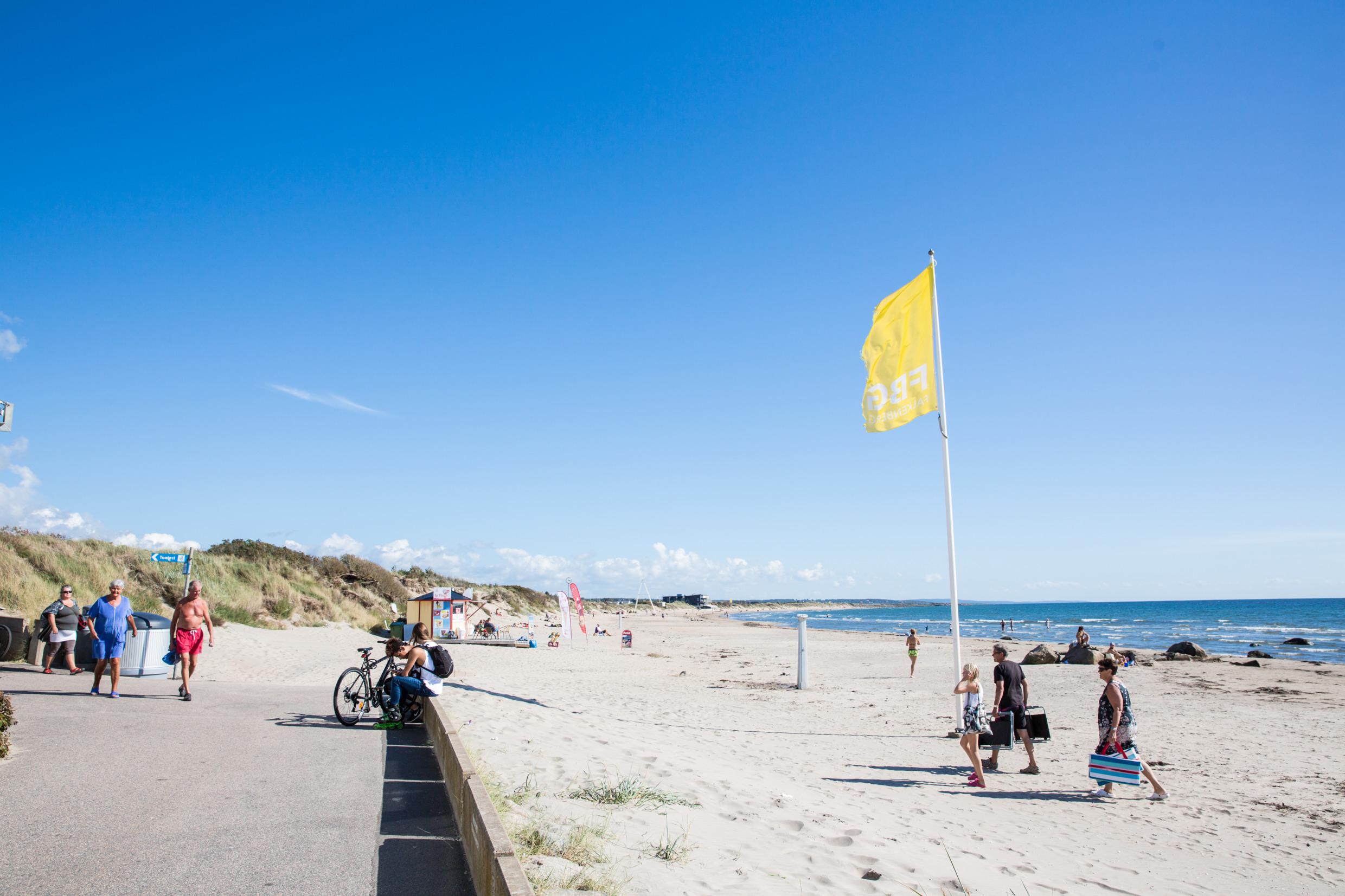 Two cyclists resting with bicycles nearby. People are sunbathing and relaxing in the background by the shoreline on a sunny day.