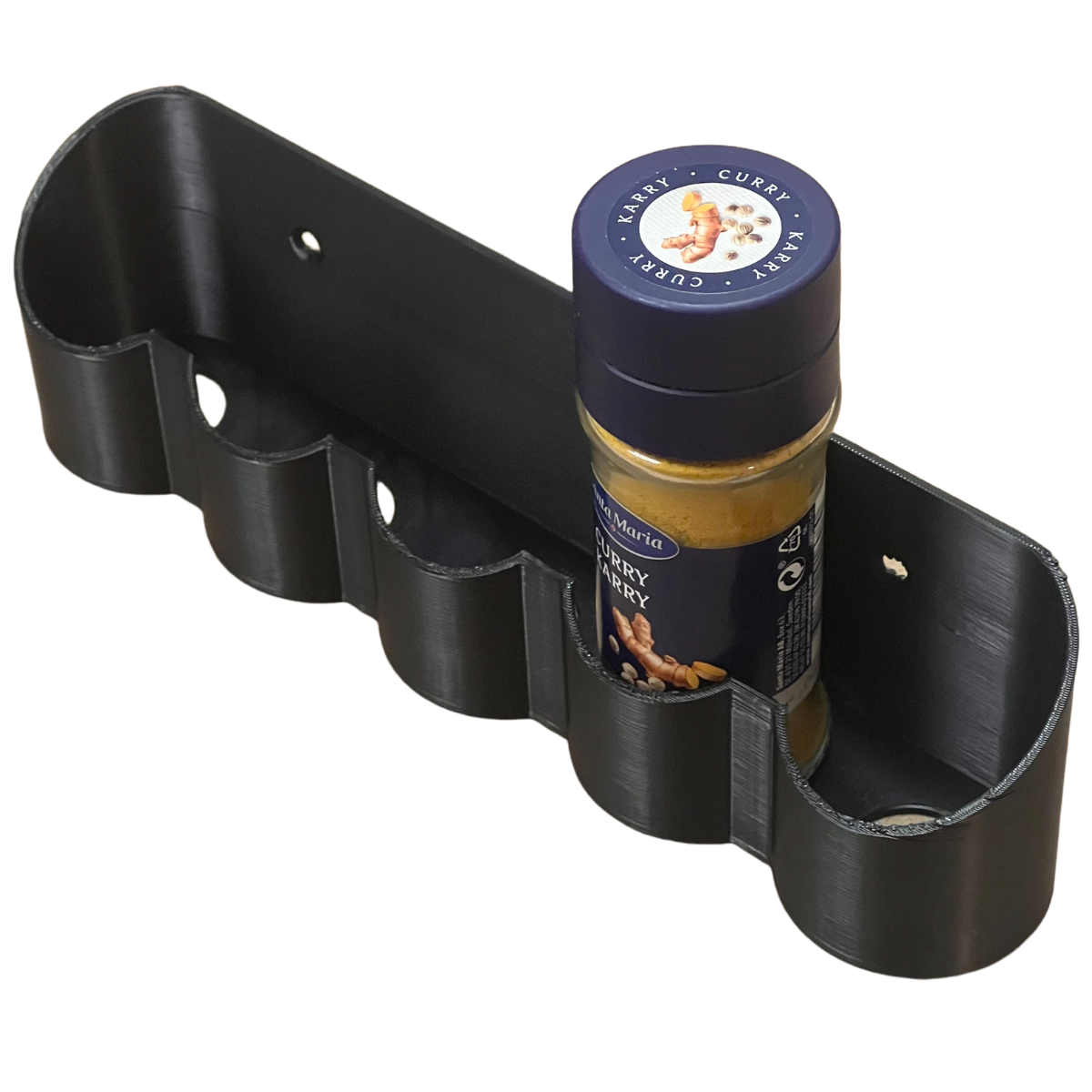 Bild på 3D printad produkt med namn: Kryddhylla för skåplucka, håller 5 st vanliga kryddburkar - Kryddförvaring köksskåp