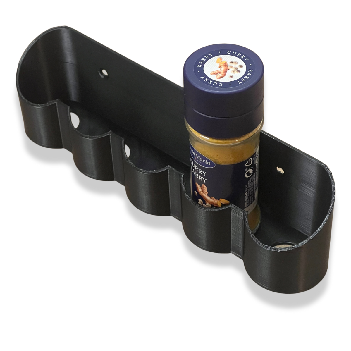 Bild på 3D printad produkt med namn: Kryddhylla för skåplucka, håller 5 st vanliga kryddburkar - Kryddförvaring köksskåp