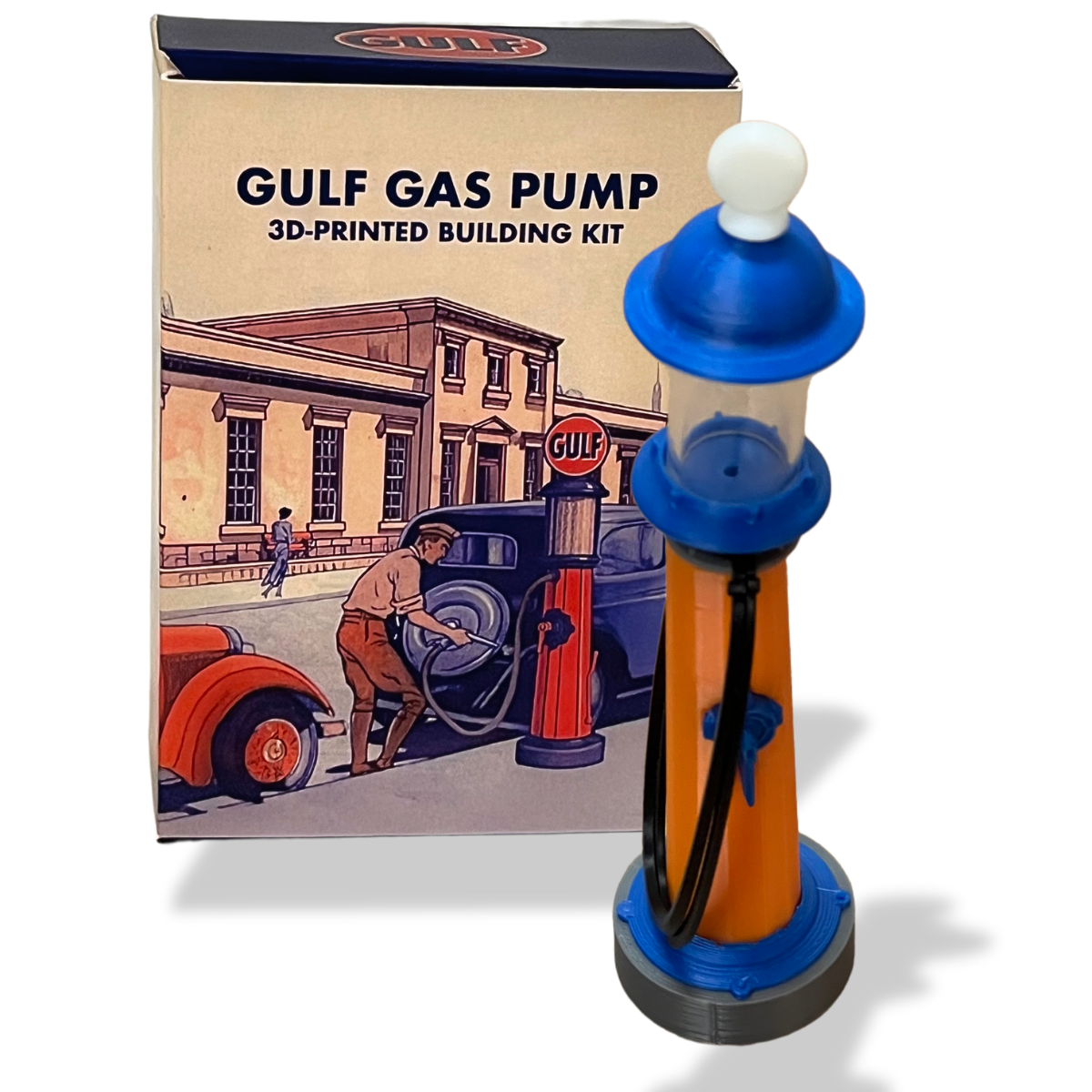 Bild på 3D printad produkt med namn: Gulf bensinmack - Byggsats eller byggmodell med transparent behållare