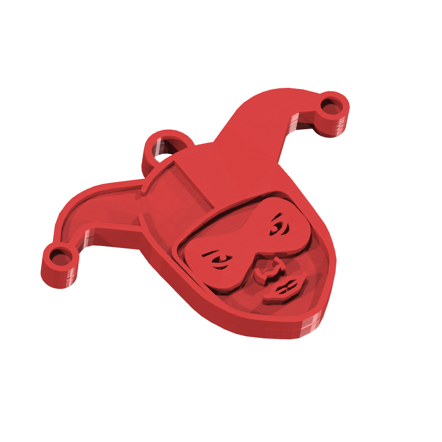 Bild på 3D printad produkt med namn: 3D-printad nyckelring med Harley Quinn-motiv i slagfast ABS-plast, perfekt för fans av Batgirl-serierna, finns i flera färger och passar i vanliga nyckelknipor