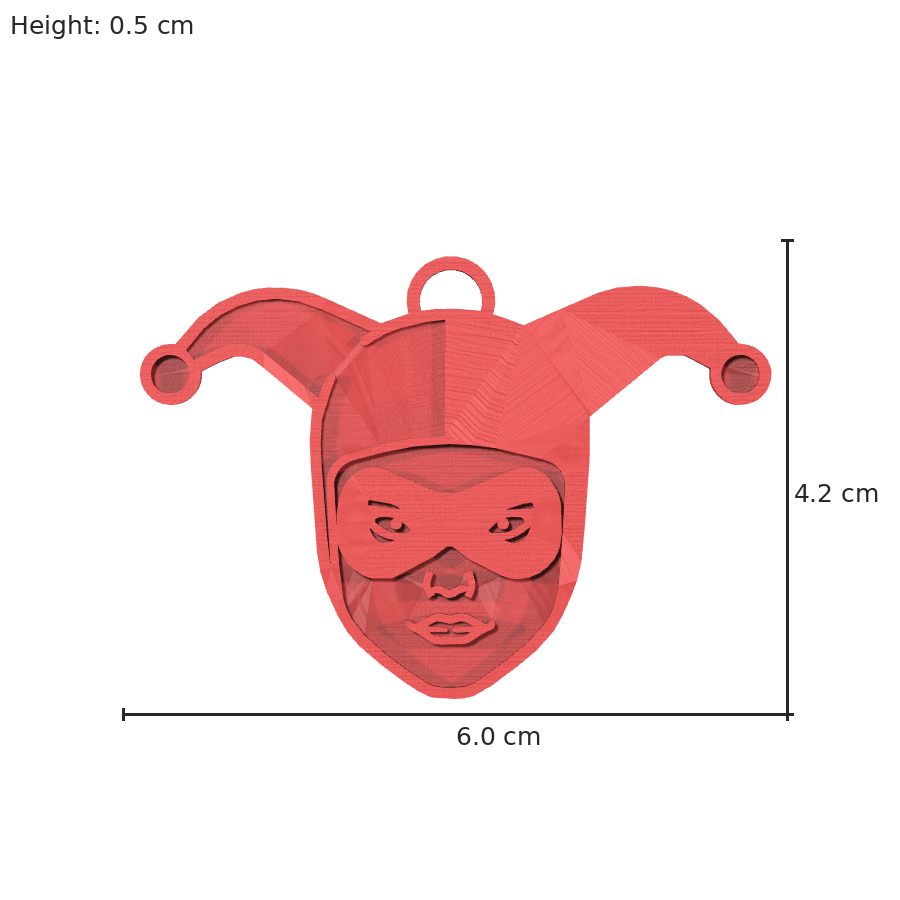 bild nr 8 på produkten: 3D-printad nyckelring med Harley Quinn-motiv i slagfast ABS-plast, perfekt för fans av Batgirl-serierna, finns i flera färger och passar i vanliga nyckelknipor
