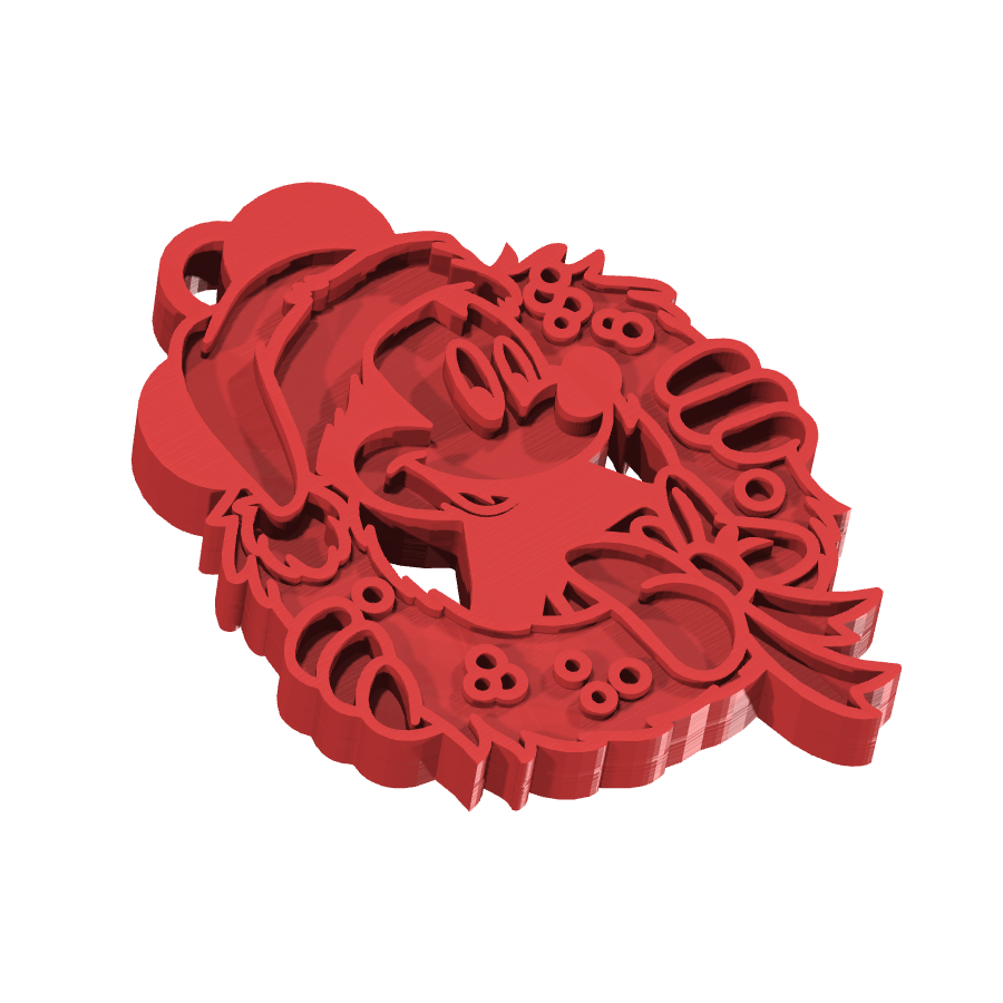 Bild på 3D printad produkt med namn: Nyckelring med Mickey Mouse-julansikte, inspirerad från Disneys ikoniska serie och film, perfekt för fans av den klassiska tecknade serien och sommaräventyren, gjord för att ge en personlig touch till dina nycklar eller som en charmig dekoration