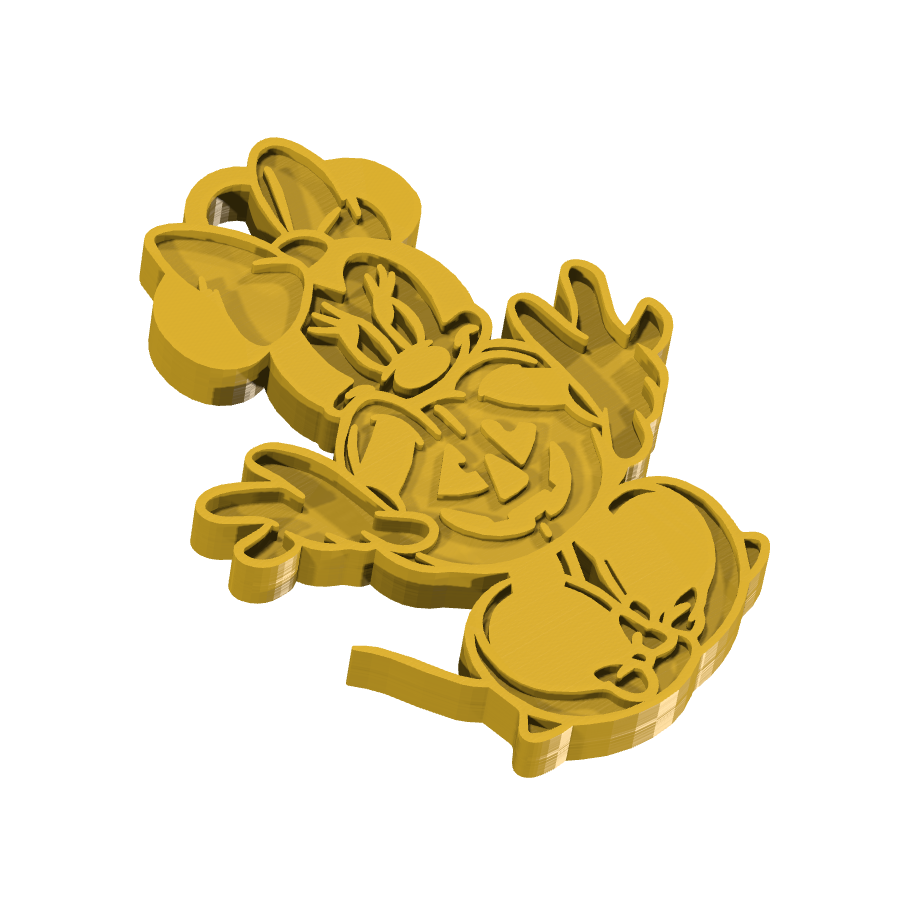 Bild på 3D printad produkt med namn: Nyckelring med Minnie Mouse i Halloween-utklädnad, inspirerad från den klassiska Disney-figuren, perfekt för fans av den ikoniska musen och högtiden alla helgons dag, när Halloween-febern är som störst och man vill visa upp sin kärlek till de klassiska