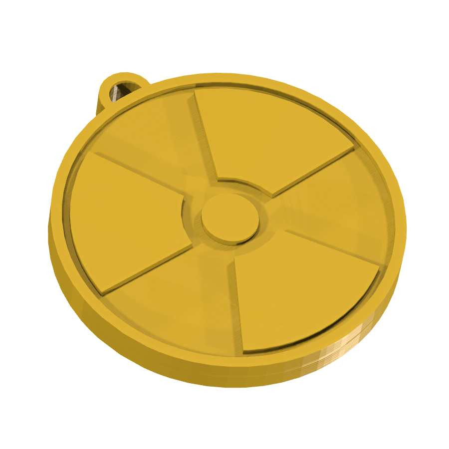 Bild på 3D printad produkt med namn: En unik nyckelring med kärnkraftstema, inspirerad från den spännande världen av energiproduktion, där den ikoniska loggan för kärnreaktorer står som symbol för innovation och teknisk framåtanda, passande för alla som är teknikintresserade eller vill visa