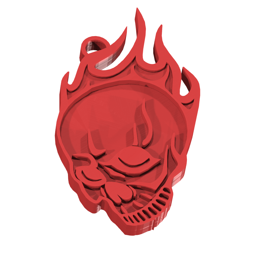 Bild på 3D printad produkt med namn: Nyckelring i form av en flammande skalle, inspirerad av rebelliska och modiga teman, perfekt för den som vill göra ett uttalande med sina tillbehör