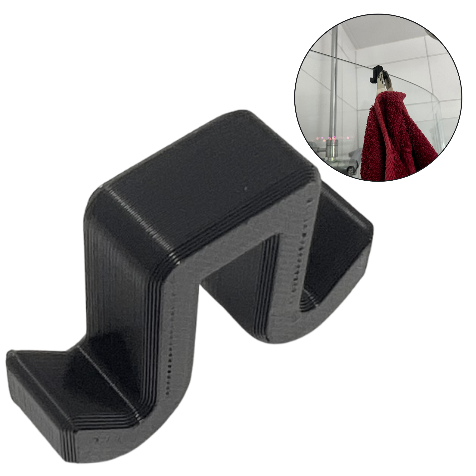 Bild på 3D printad produkt med namn: Krok till dusch glasdörr -  För 6mm tjockt glas - Krok på insidan och utsidan - Hem
