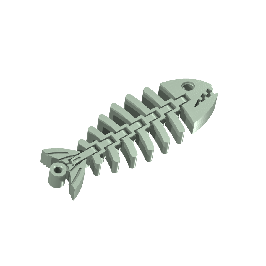 Bild på 3D printad produkt med namn: Fiskfossil-nyckelring, ett flexibelt och dekorativt tillbehör inspirerat av fossila fiskar, som kan användas för att hålla reda på dina nycklar