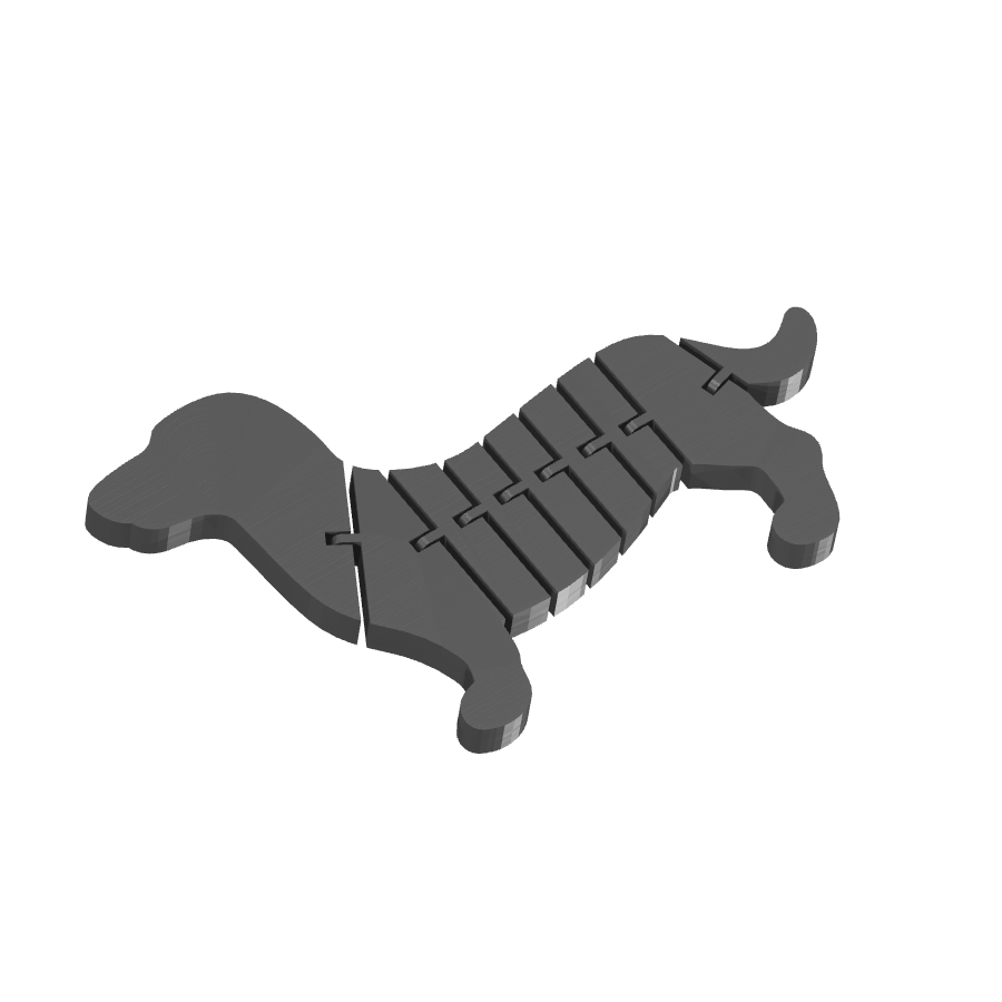 Bild på 3D printad produkt med namn: Flexi - Articulerad Teknoshund, inspirerad av den klassiska taxen, tillverkad för att skapa lekfullhet och glädje