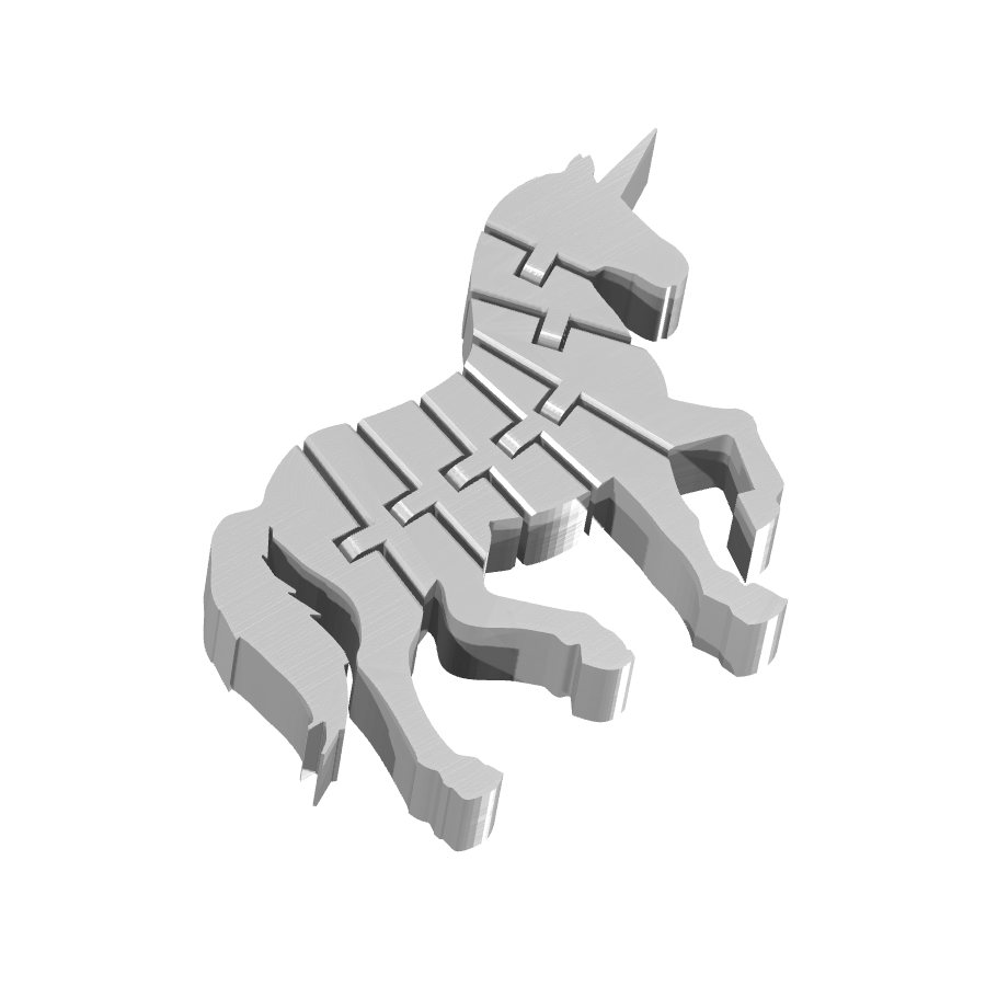 Bild på 3D printad produkt med namn: Flexi - En charmig enhörning i platt form, inspirerad av mytologins magiska varelser, tillverkad för att fungera som en dekorativ prydnad eller gåva