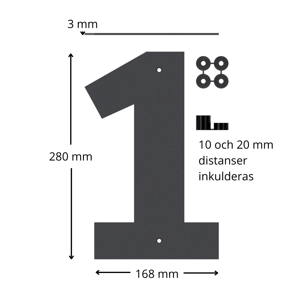 bild nr 1 på produkten: Fasadsiffra 1 - 280mm - Distanser ingår, för en svävande effekt - Svart ABS plast - Siffra - Siffror - Fasadbokstav - Utomhus - Bokstav - Väggdekor