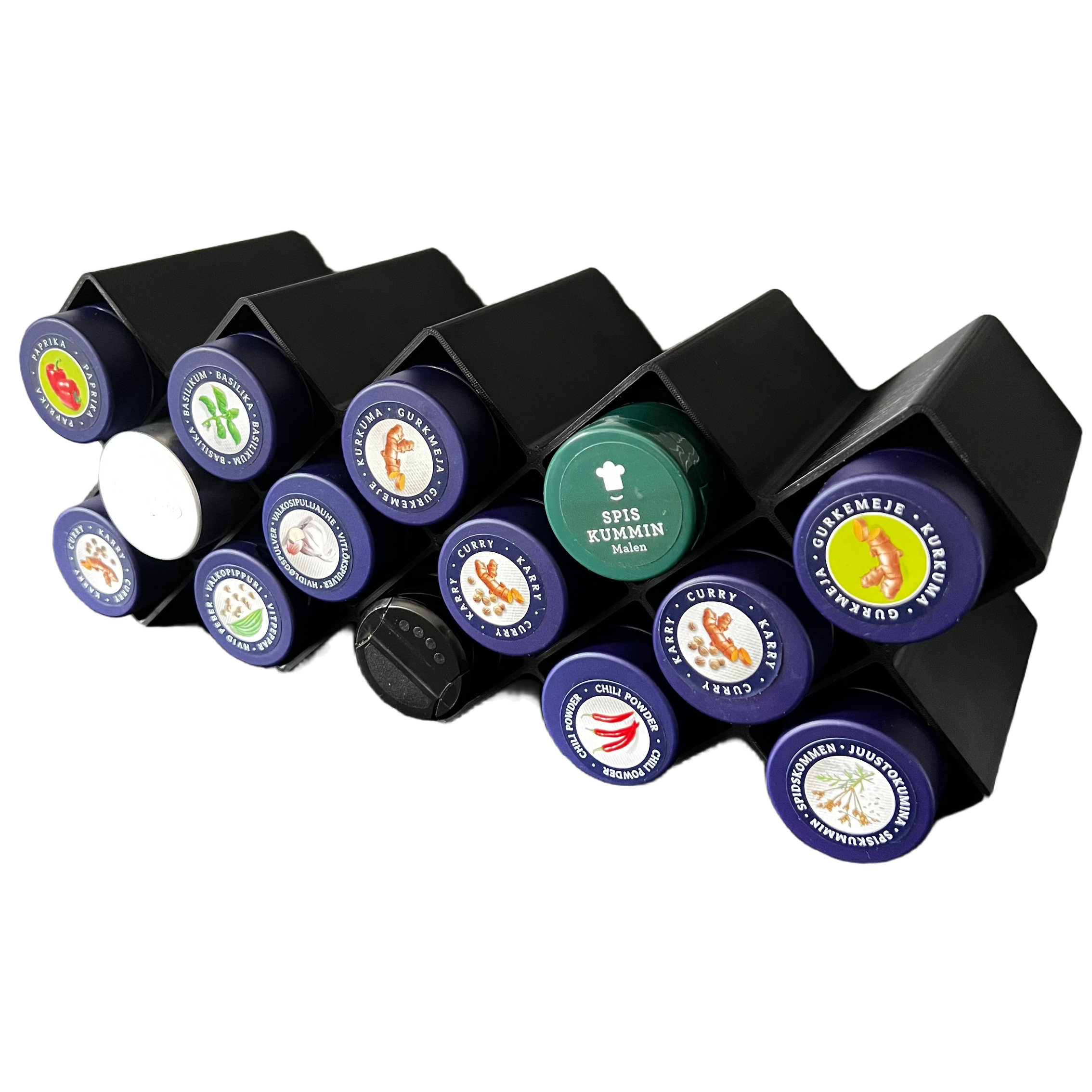 Bild på 3D printad produkt med namn: Kryddställ Stående för 14st kryddor, Ställ på köksbänk eller i skåp, Organisering - Kryddhållare