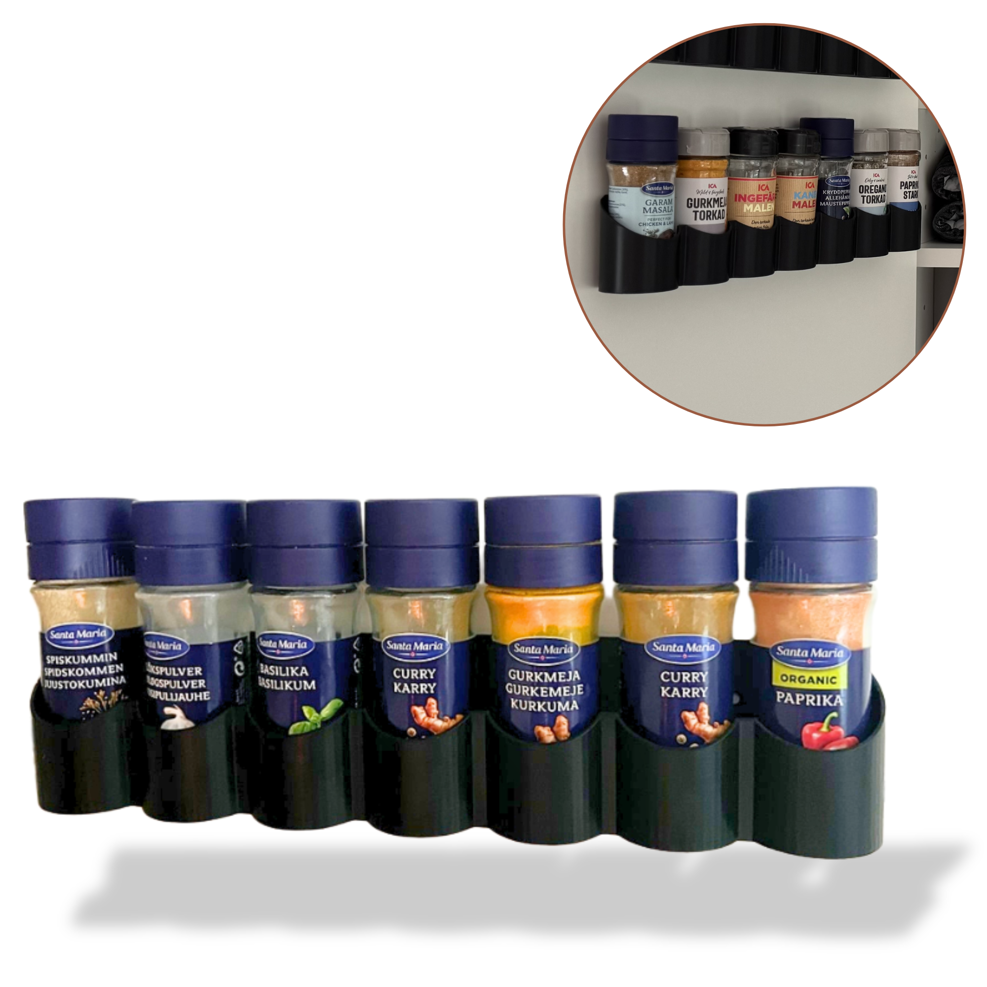 Bild på 3D printad produkt med namn: Kryddhylla för skåplucka, håller 7 st vanliga kryddburkar - Kryddförvaring köksskåp