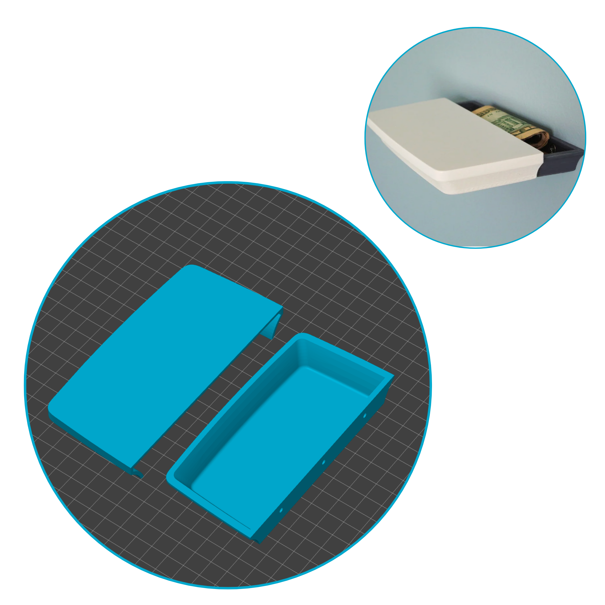 Bild på 3D printad produkt med namn: Hemlig Vägghylla - Öppningsbar Med Förvaring På Insidan