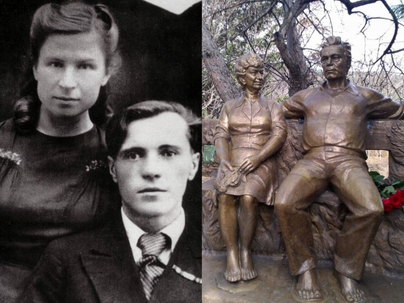 Виктор Астафьев с супругой Марией Семякиной, памятник супругам Астафьевым в Овсянке