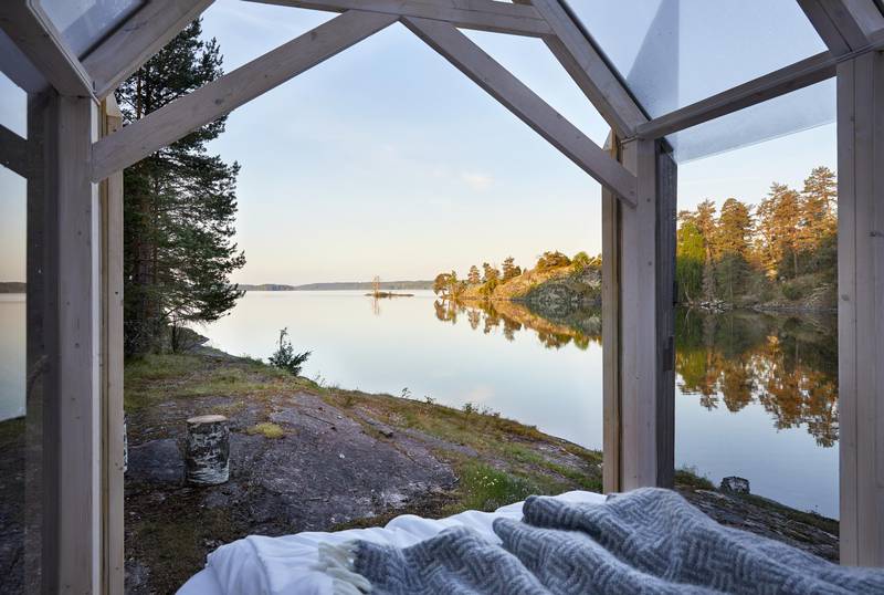 View from inside a glass cabin at Henriksholm, West Sweden