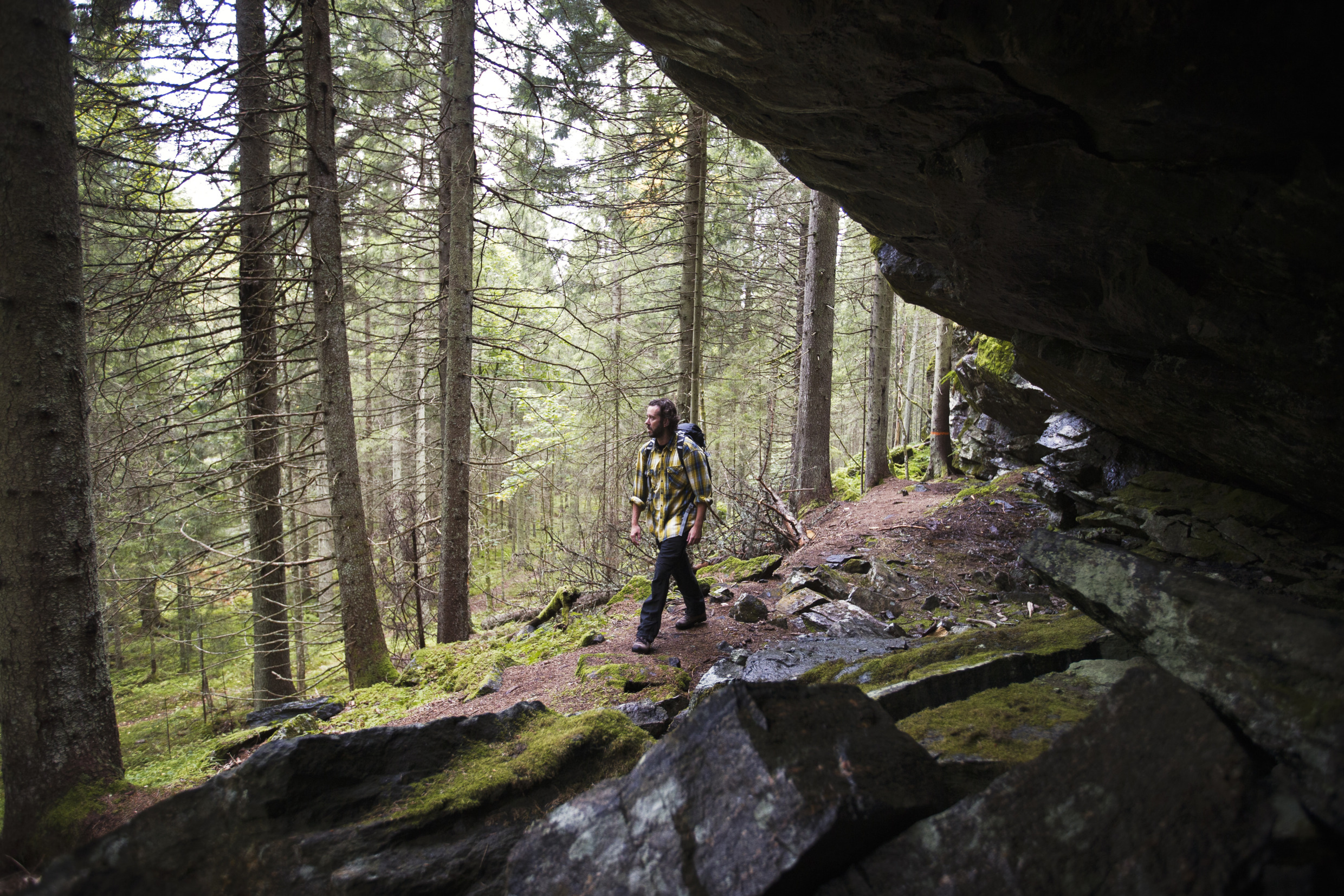 Eine Person wandert entlang eines Felsens in Glaskogen.