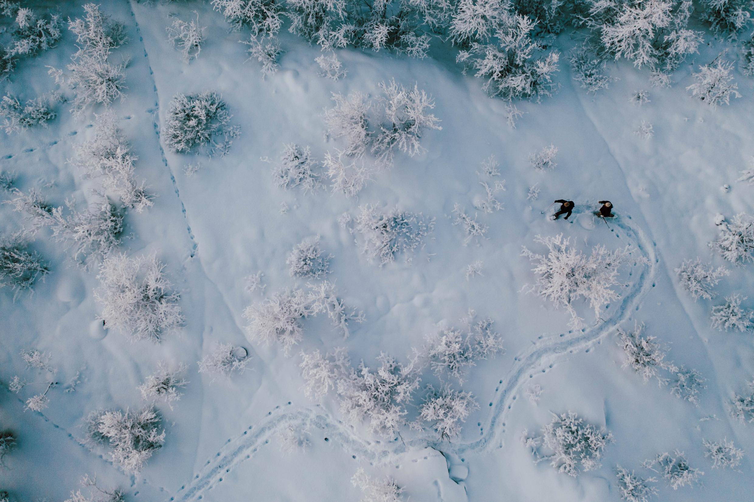 An aerial view of two people snowshoeing in a snowy landscape.