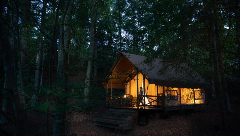 A woman standing outside a luxury tent in a forest. It is evening and it is lit in the tent.