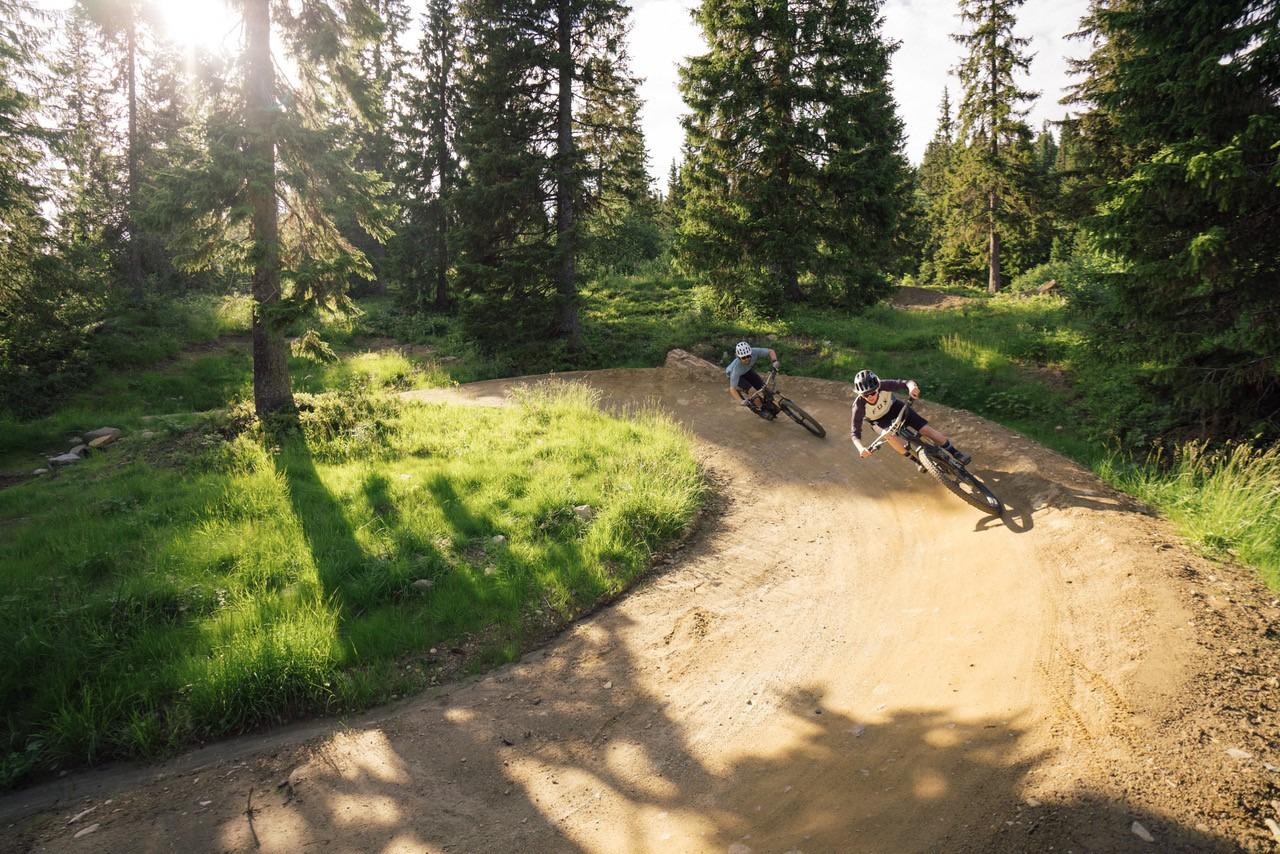 Twee mensen mountainbiken in de zomer.