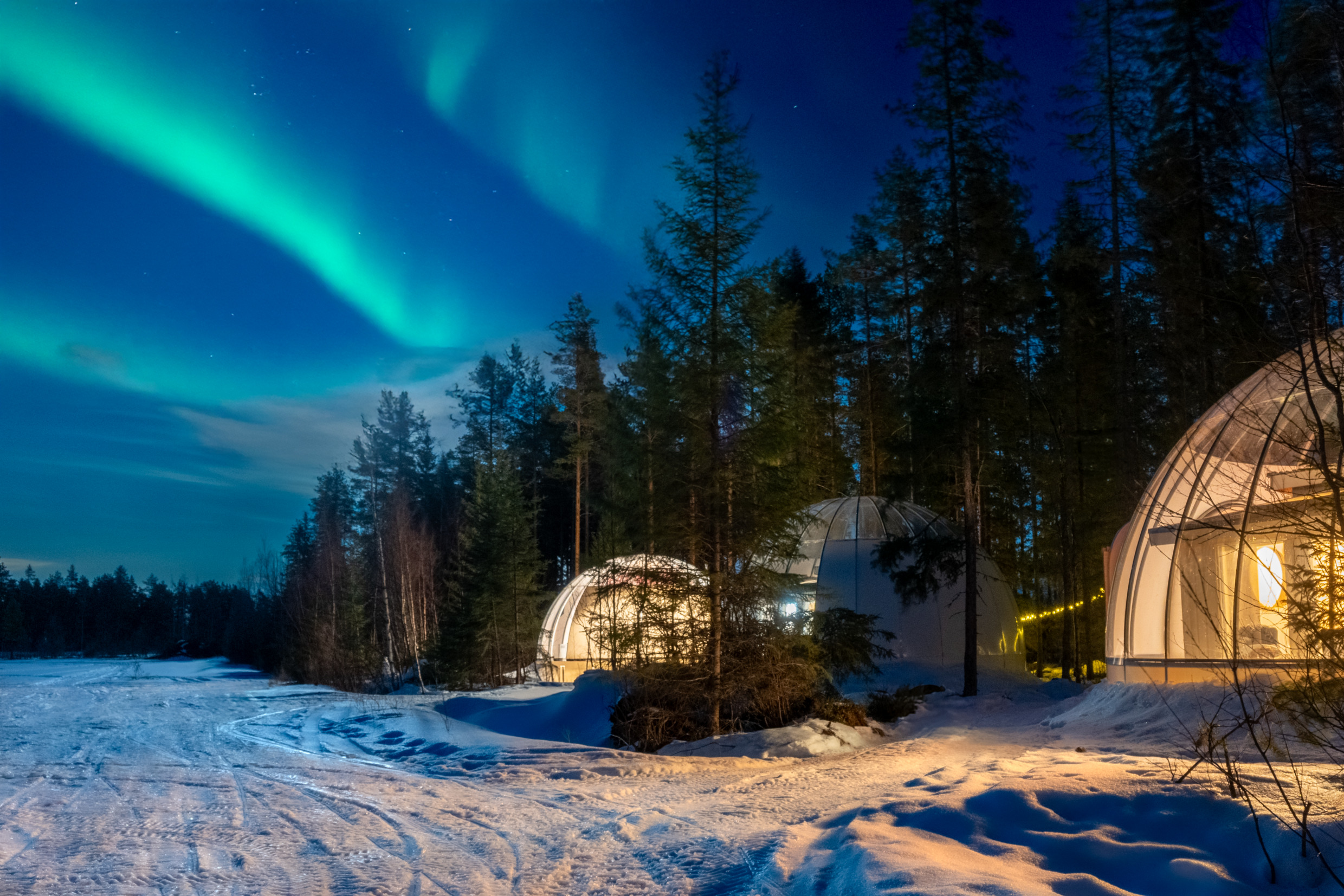 Cluster of illuminated igloo cabins on snowy ground at Ice & Light Village in Luleå.