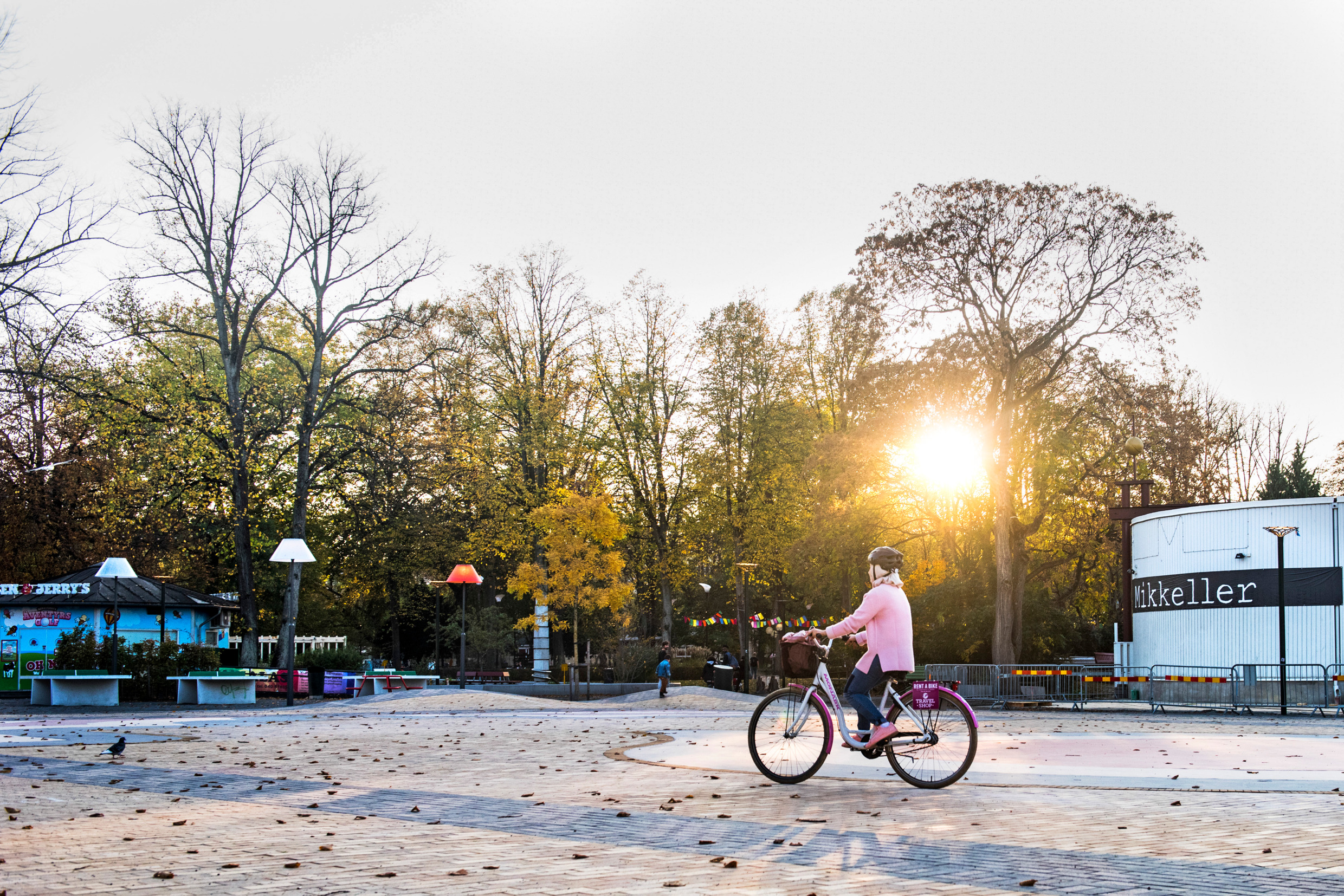 Someone rides a bike across an empty square. The leaves have fallen off the trees.