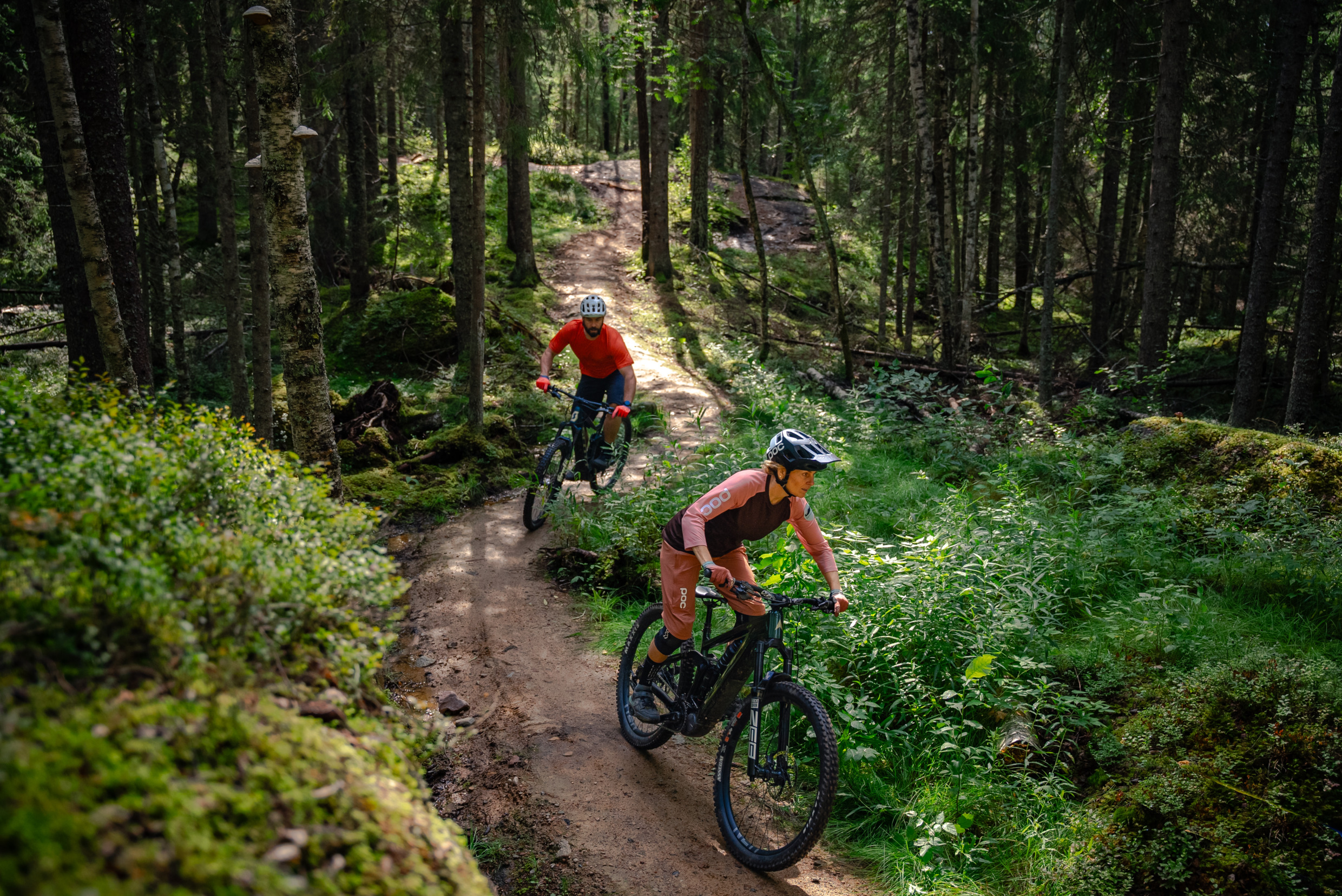 Two cyclists riding on a narrow forest trail in Järvsö, surrounded by moss-covered ground and tall trees in summer light.