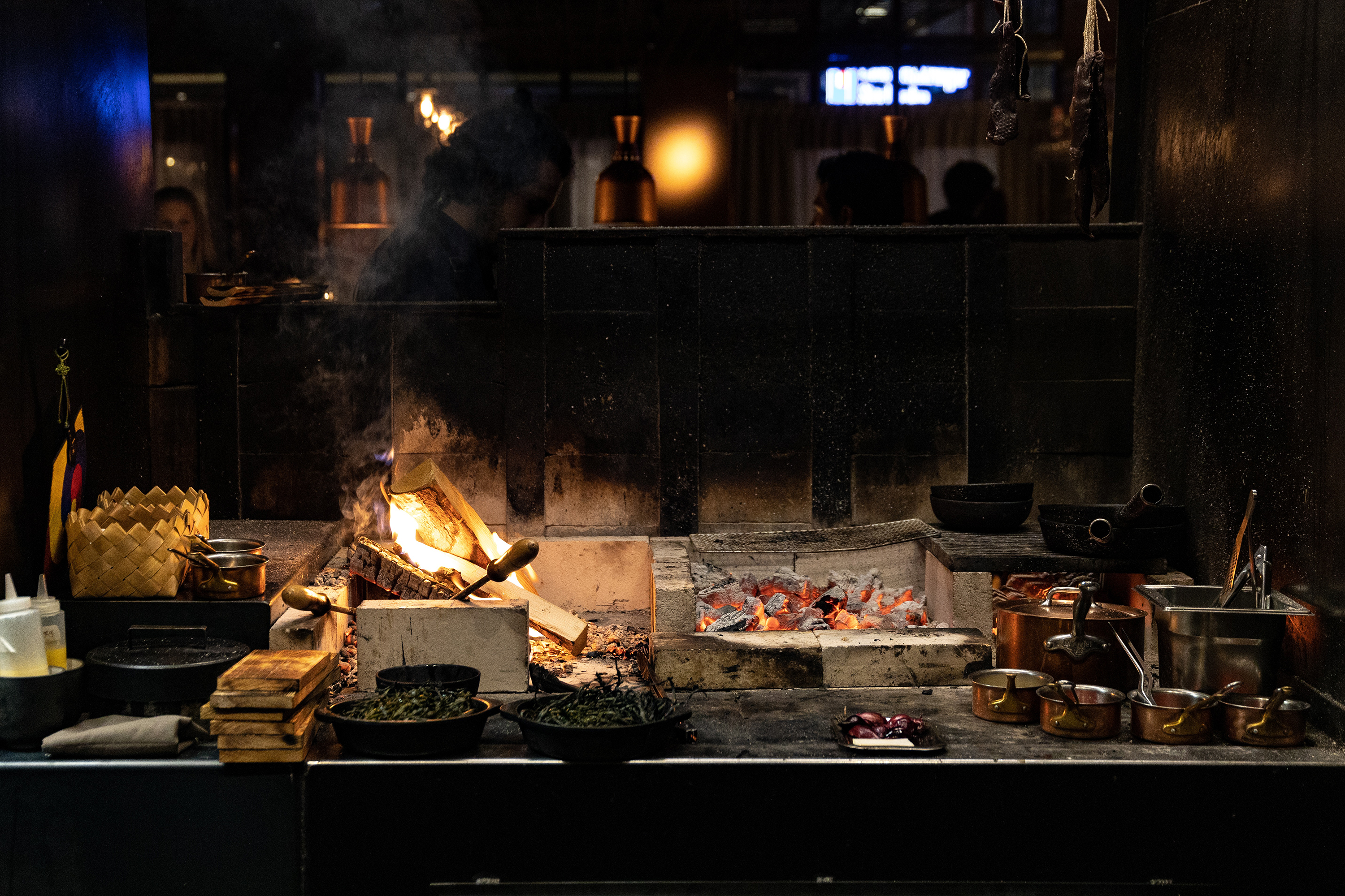 A view of the kitchen at the Ekstedt restaurant were food is cooked over open fire
