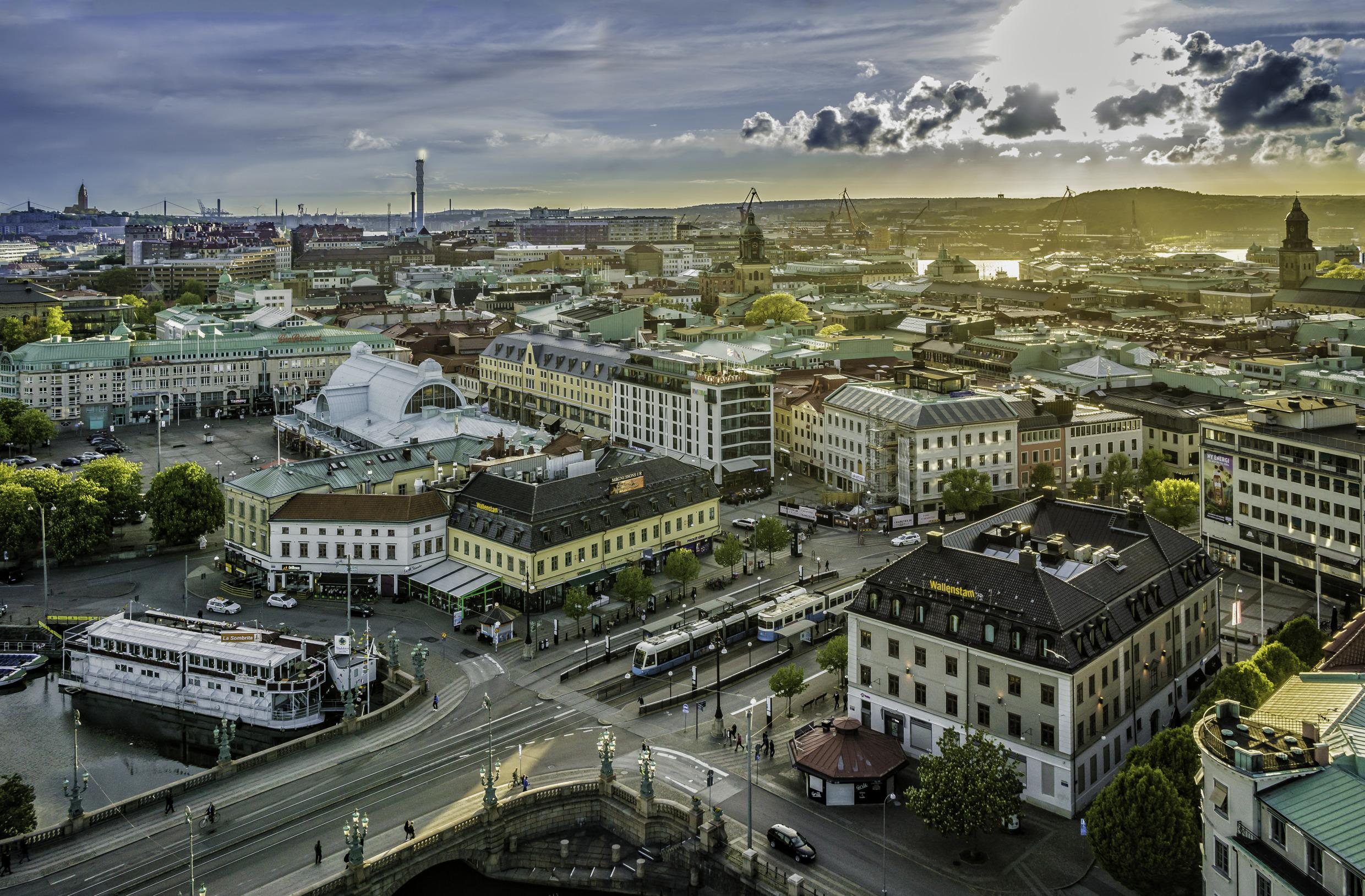 Aerial view of Gothenburg with its waterways, harbor and urban landscape, the starting or finishing point of the Kattegattleden.