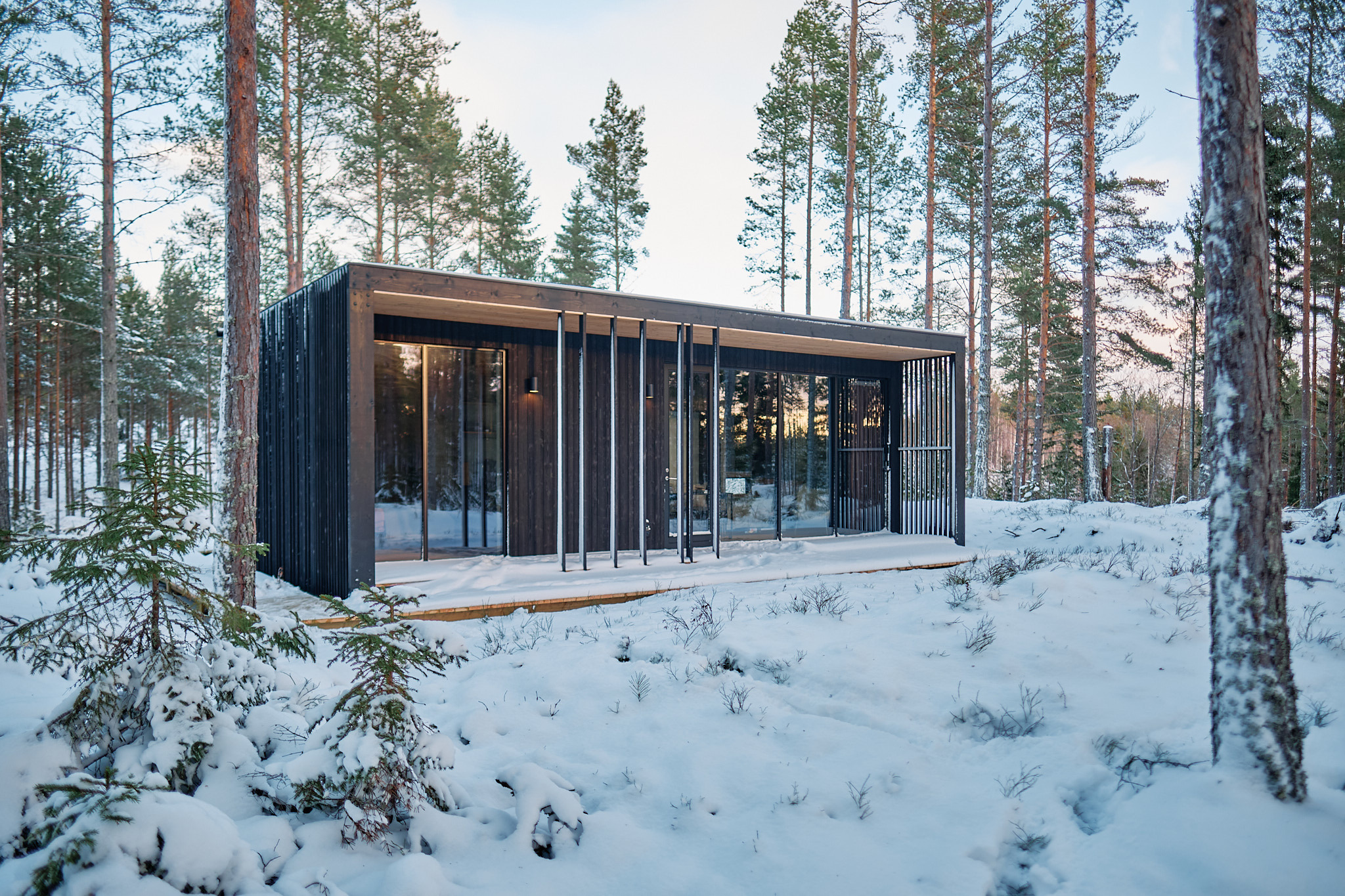 Black cabin with large windows surrounded by snow-covered pine forest at Hop Farm Beach, Hälsingland.