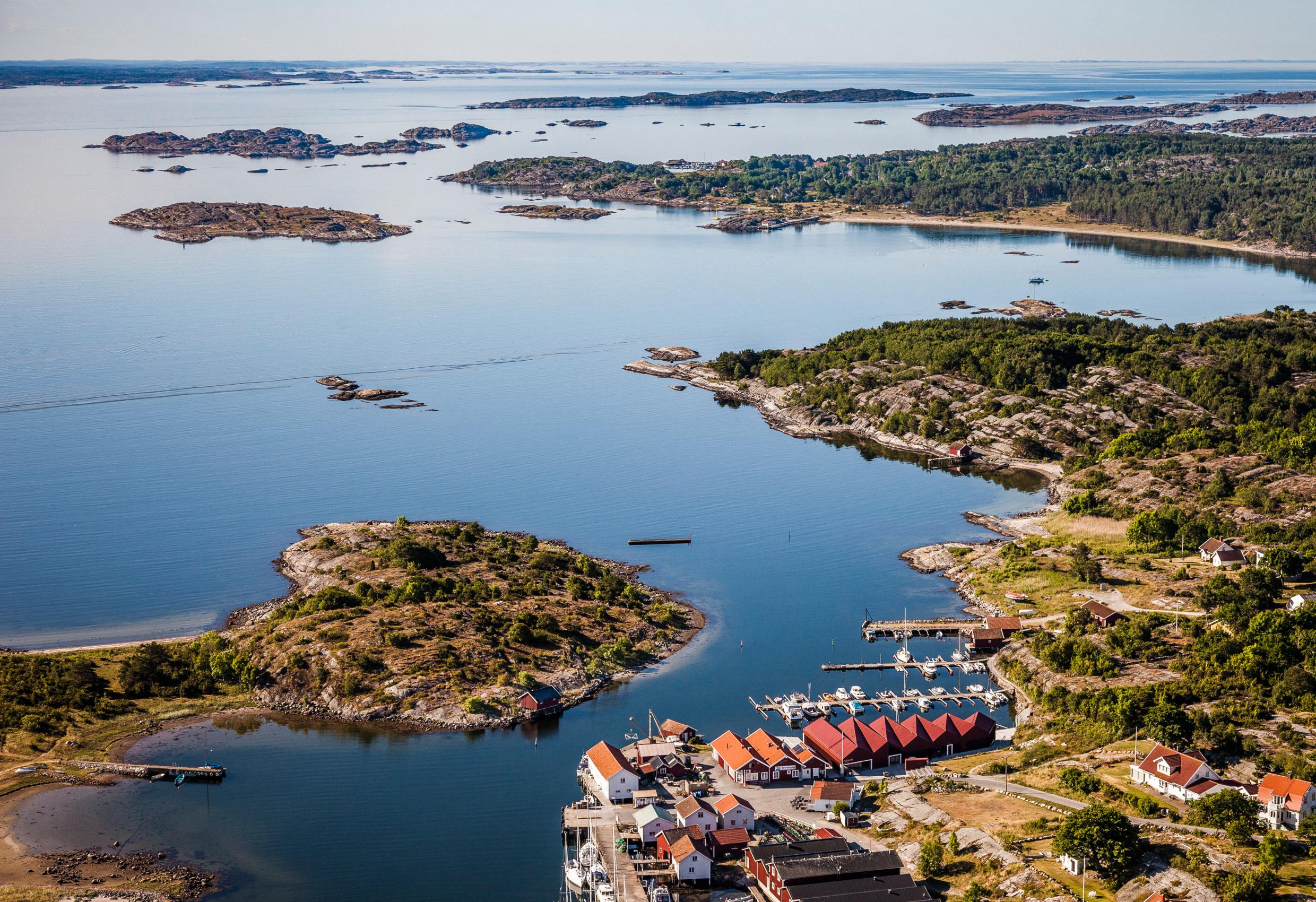 Aerial of Kosterhavet National Park with the ocean and islets.