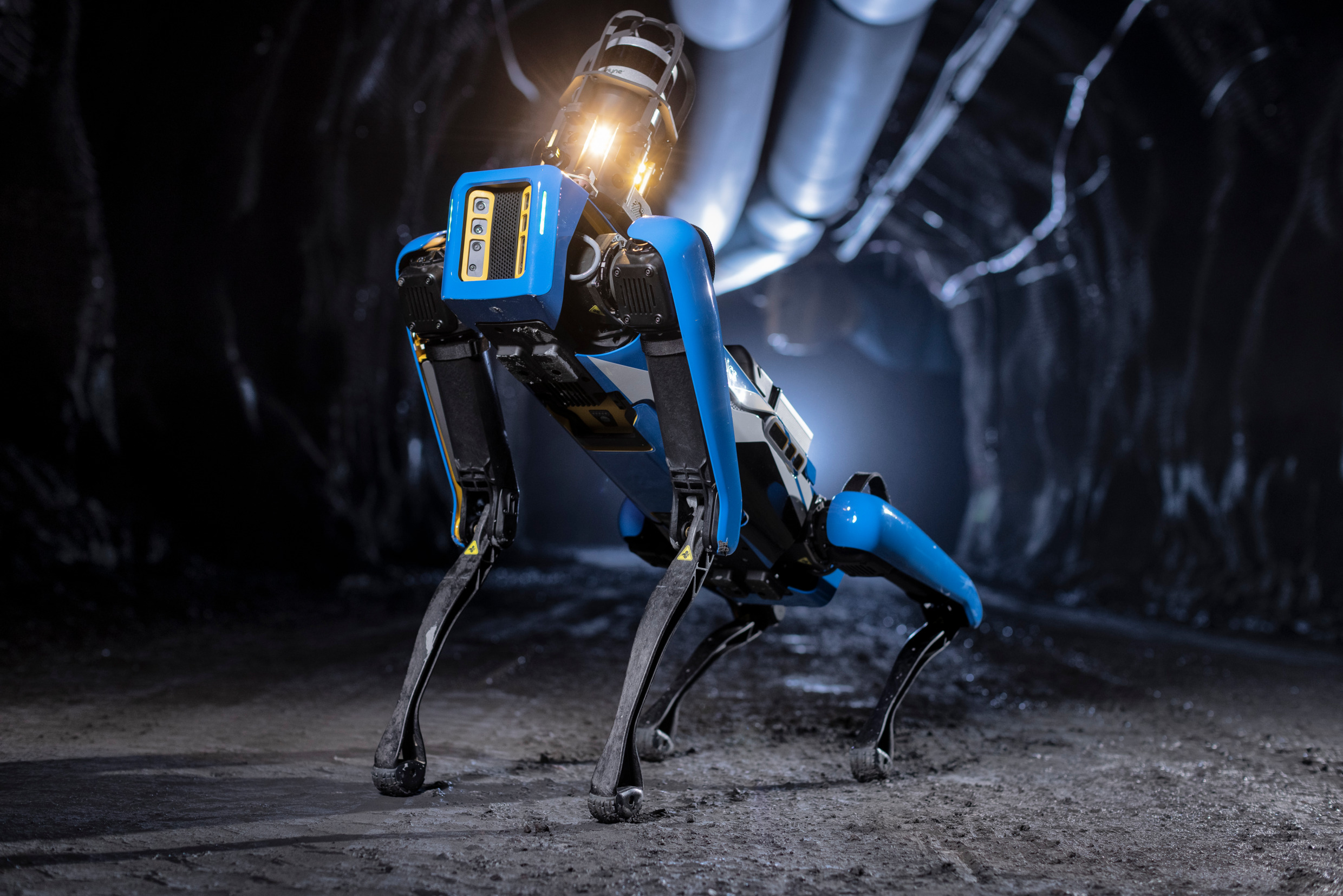 Un robot chien à l'intérieur d'une mine.