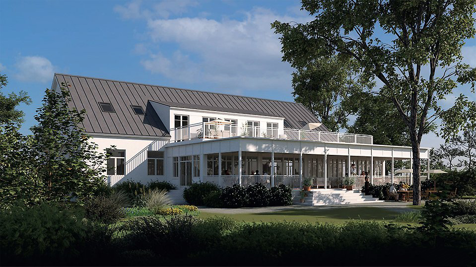 Visualisation of Margretes Badhotell in Skåne, a white building with terrace and garden.