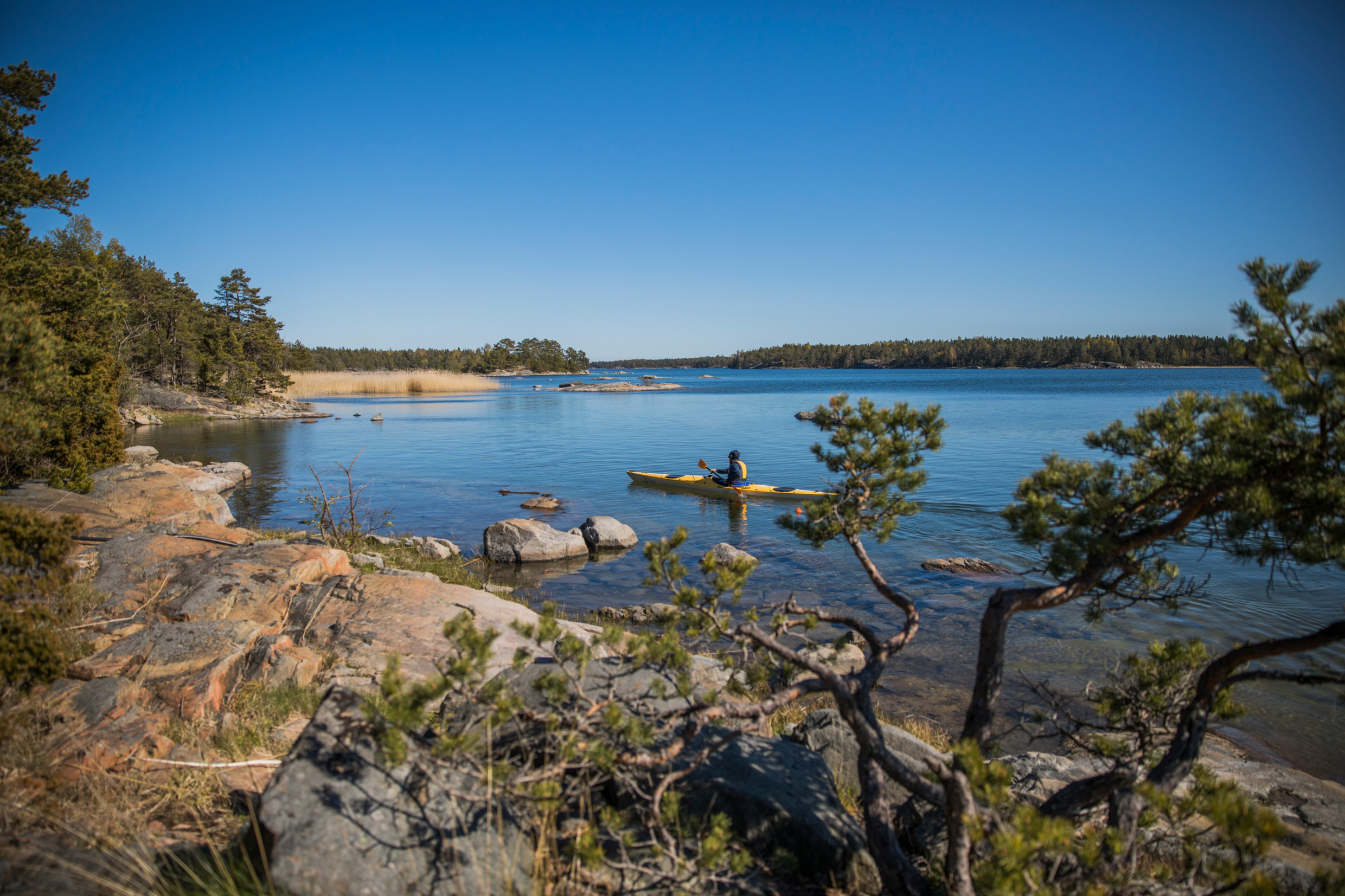 Une personne fait du kayak près d’une île de l’archipel. L’île est composée de falaises et de pins.
