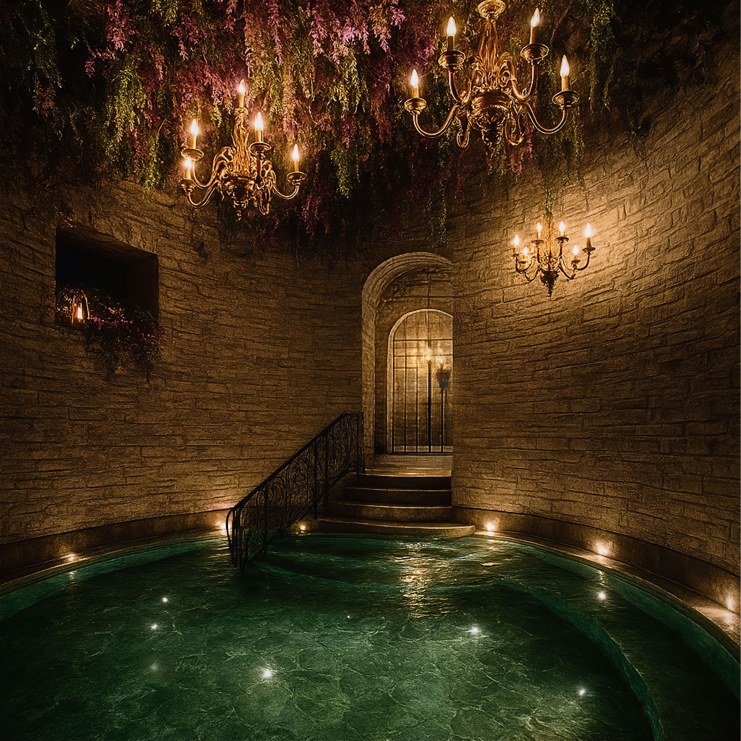 Ein Indoor-Spa-Pool, umgeben von Steinmauern, Kronleuchtern und hängenden Pflanzen – das ist die Architekturzeichnung des Acqua di Foresta in der Villa Foresta auf Lidingö.