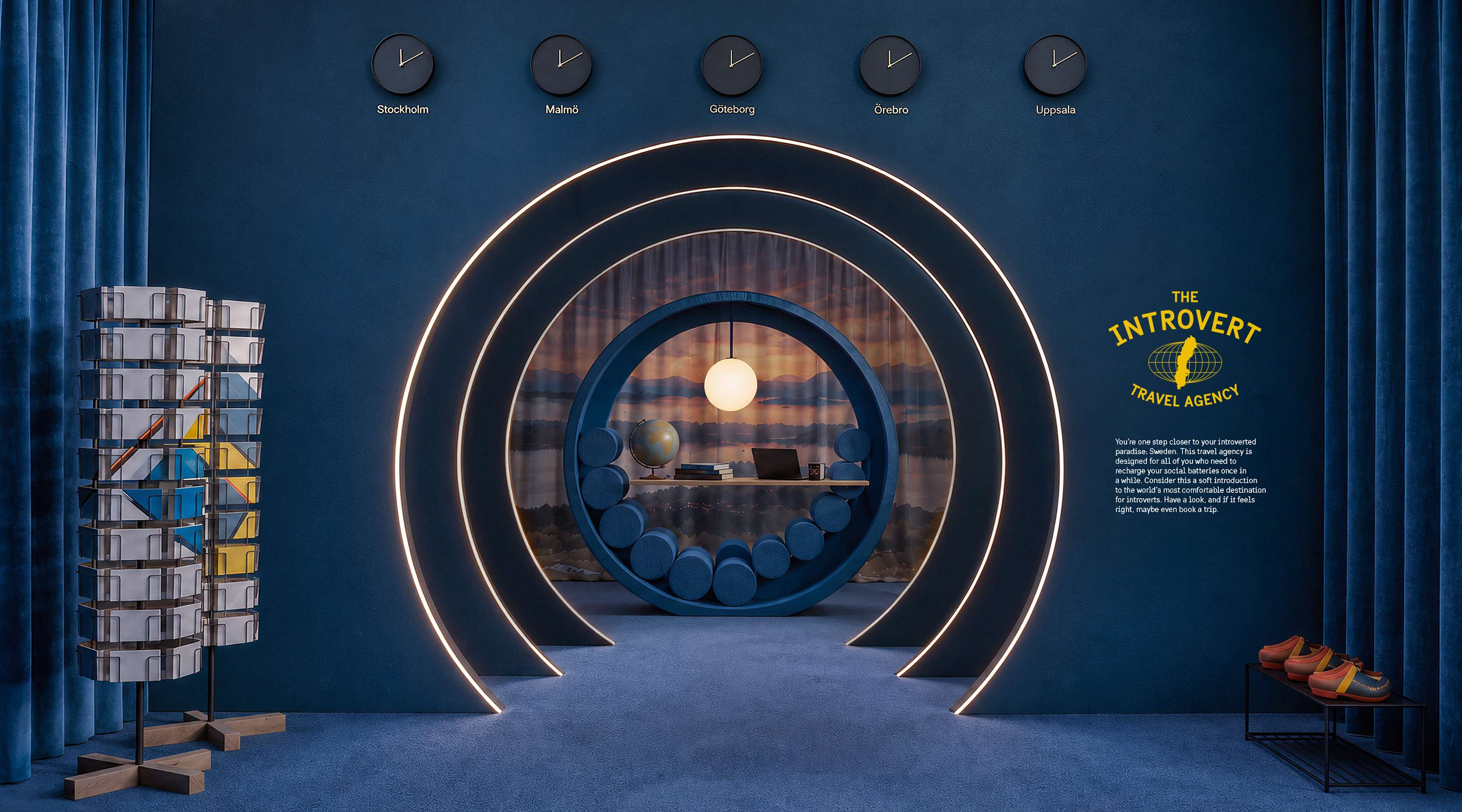 Interior of The Introvert Travel Agency pop-up, with a circular illuminated entrance leading to a secluded seating area.
