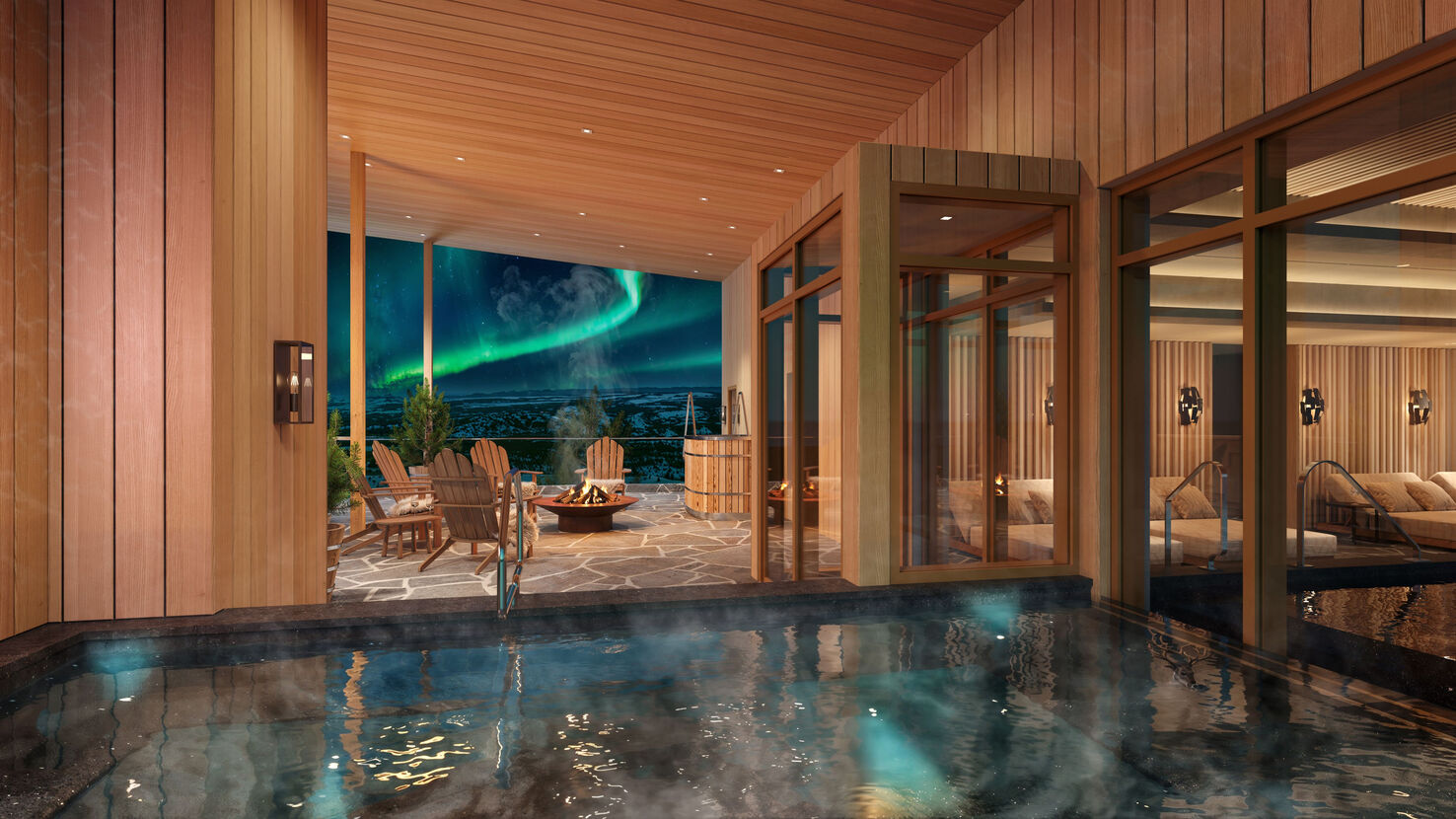 Piscine spa extérieure de l'Elite Hotel Frost à Kiruna, avec des intérieurs en bois et une vue sur les aurores boréales.