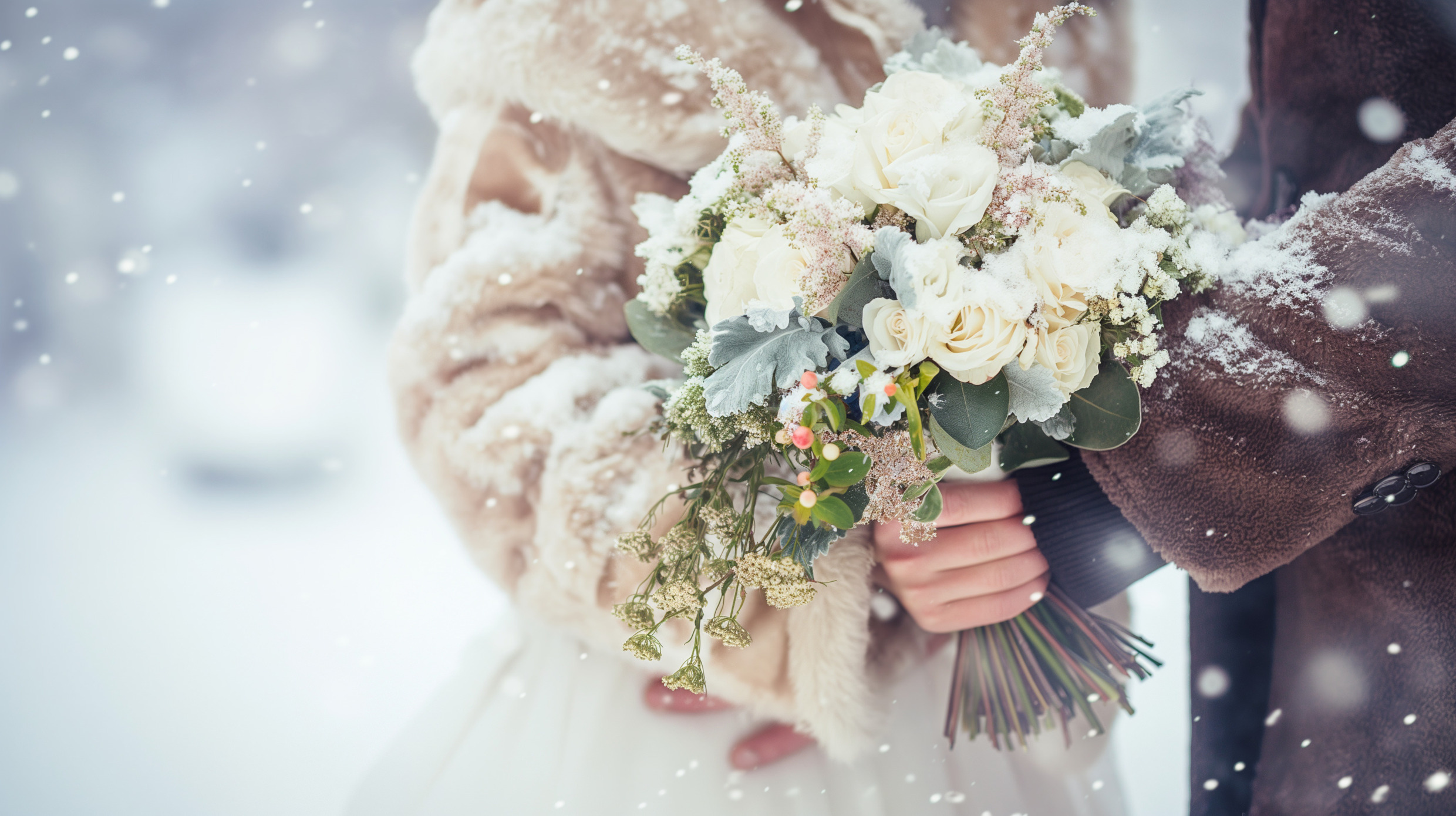 Nahaufnahme eines Winterhochzeitsstraußes mit schneebedeckten weißen Blumen, den ein Paar in warmen Mänteln hält.