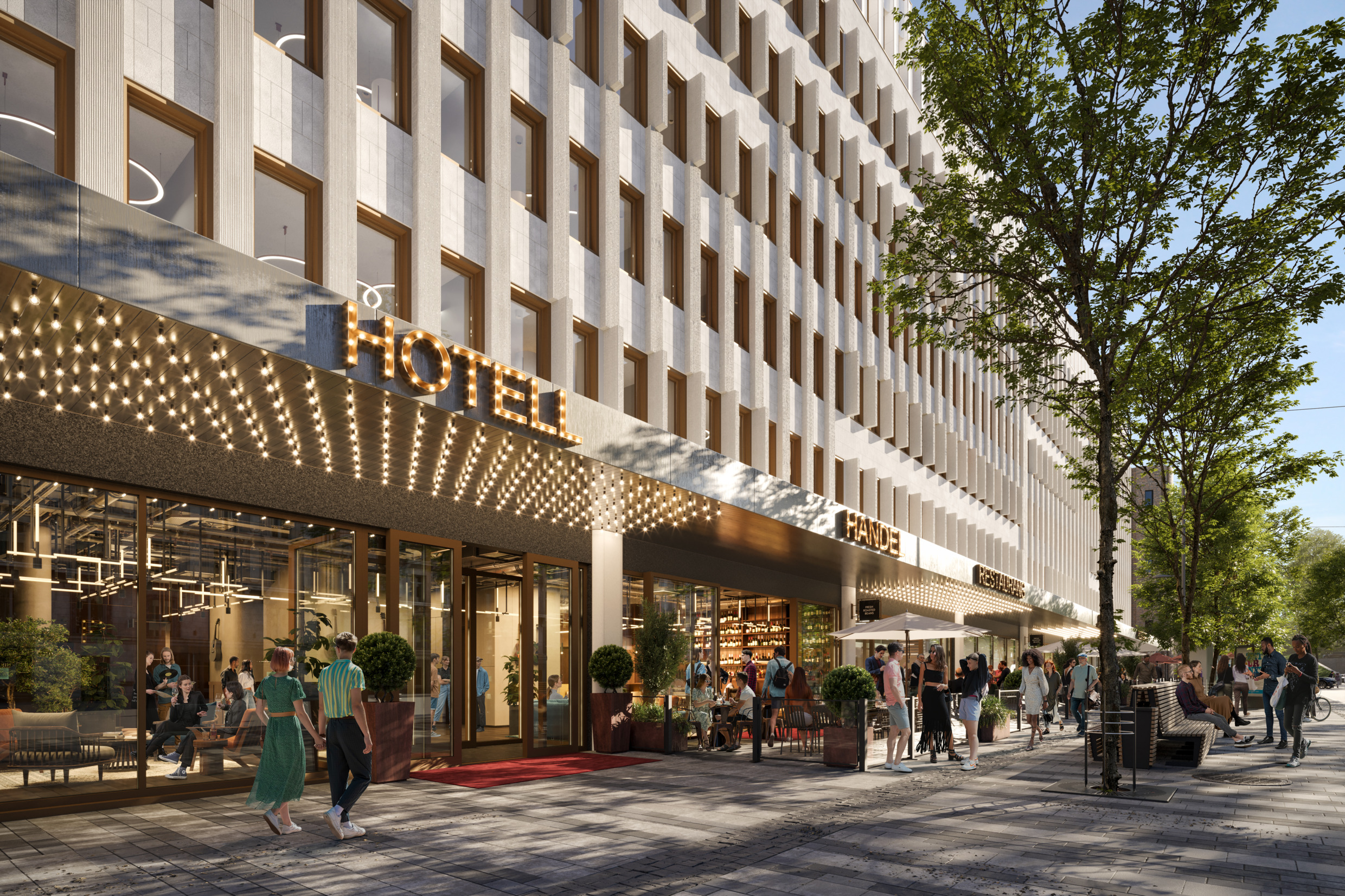 Architektur-Rendering vom Eingang des Ruby Hotels. Das Hotel liegt auf Kungsholmen in Stockholm. Man sieht Leute, die vorbeigehen. Außerdem sieht man Gäste, die vor dem Restaurant sitzen.