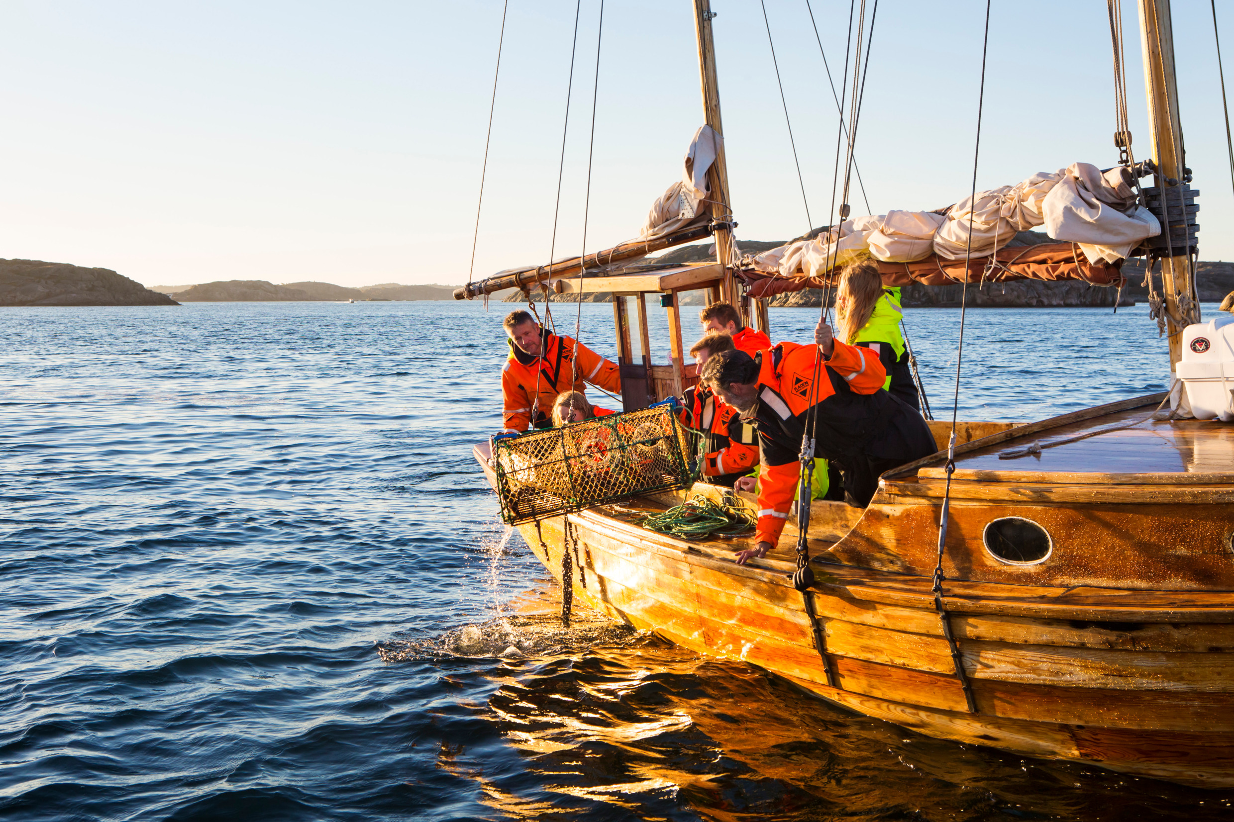 A group of people stand on a fishing boat and watch a person pull up a lobster trap.