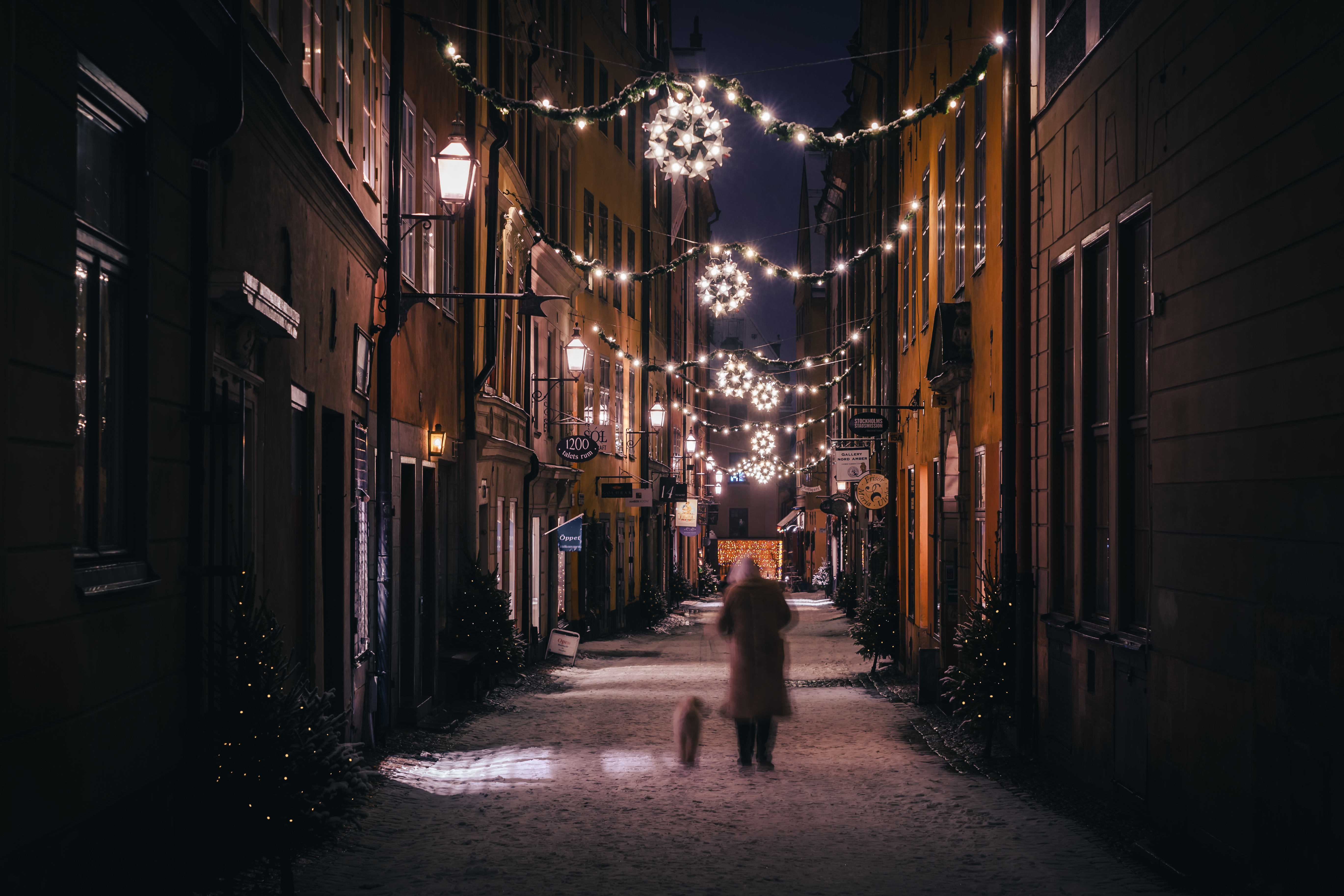 A person walking a dog along a snow-covered street in Gamla stan at night, with Christmas lights strung between the historic buildings.